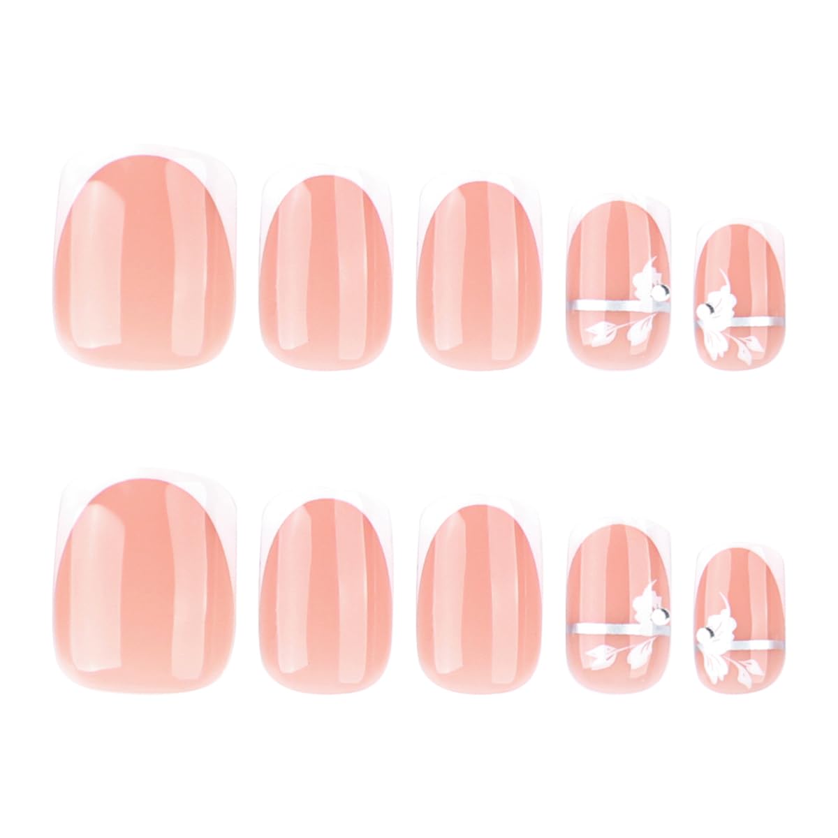 Mivota Fall Short Press On Nails Square Nude Fake Nails with White French Tips Delicately Adorned with White Flower Silver lines Fake Nails Gel Stick On Nails Set Glue on Nails for Women, 24Pcs