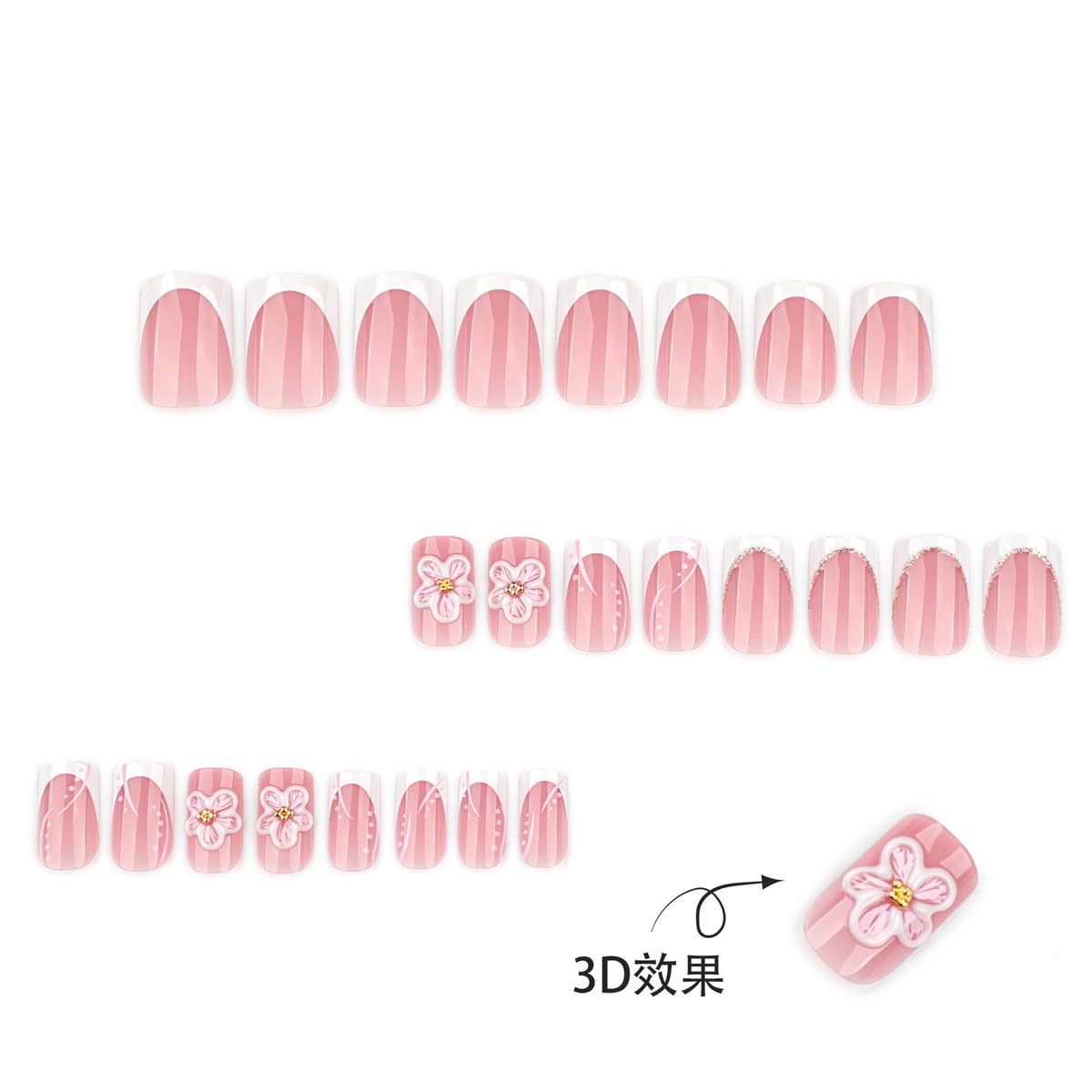 White French Tip Press on Nails Short Square Fake Nails with 3D Flower Design Nude Base False Nails Press ons Acrylic Glossy Cute Glue on Nails for Women Girls Manicure 24Pcs