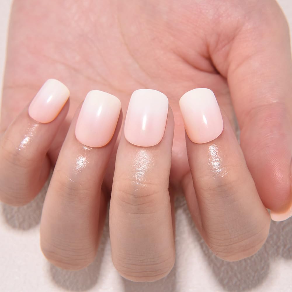 evpct Cream White Ombre Glossy Press on Nails Short Square, Nude Glossy Fake Nails Reusable, Acrylic False Nail Stick on Press ons for Women Gifts, Color Ombre Artificial False Nail with Kit, 30Pcs