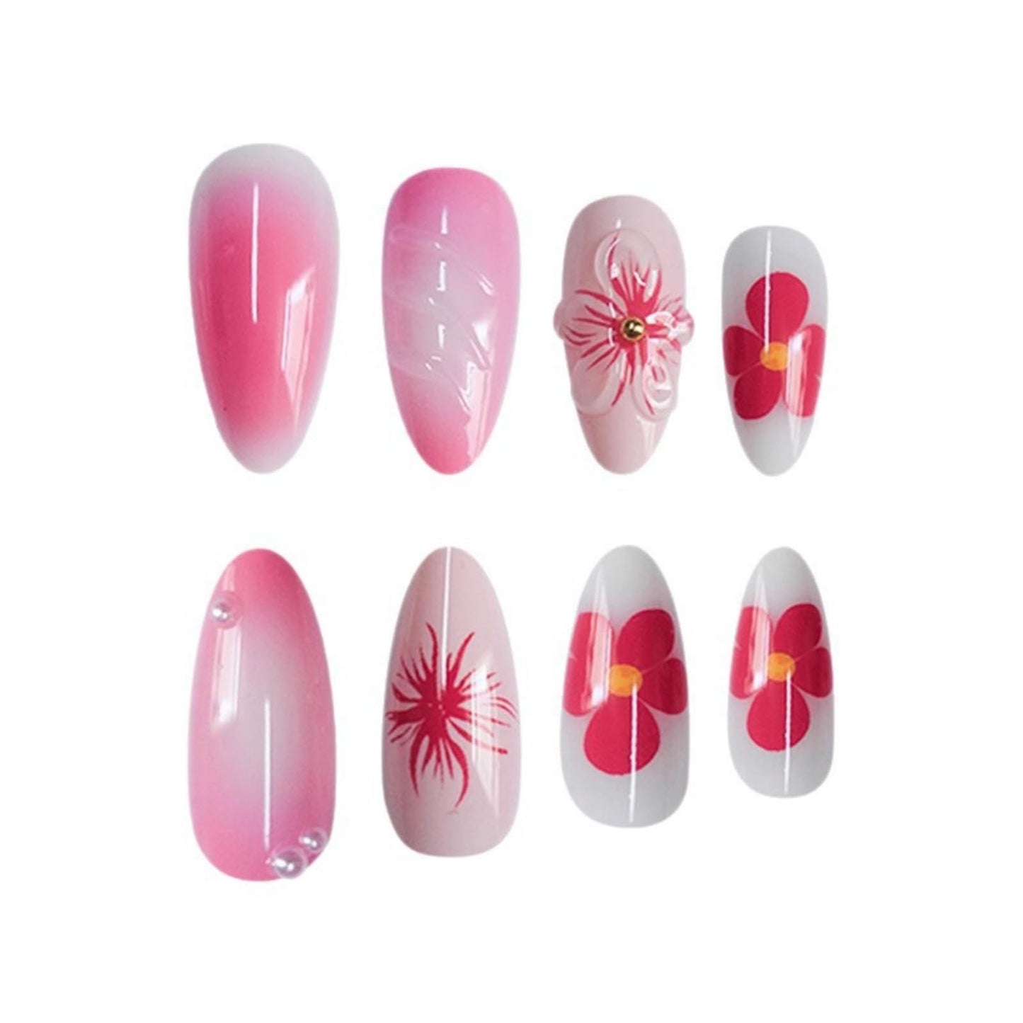 Short Press on Nails Almond Fake Nails Pink False Nails Cute Artificial Nails with 3D Red Flowers Designs Acrylic Nails Press ons Floral Stick on Nails for Women 24pcs