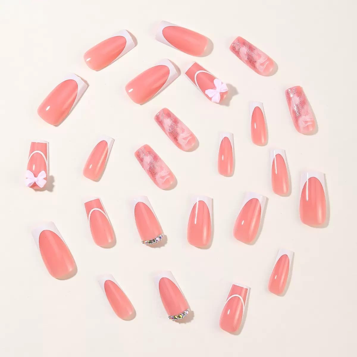 Square Press on Nails Medium - White French Tip Fake Nails with Glitter Design - Rhinestone, Bow False Nails Press ons - for Women 24 Pcs