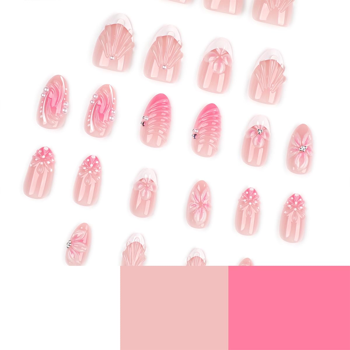 3D Flower Press on Nails Short Almond Fake Nails Press ons Summer White French Tip False Nails with 3D Pearl Conch Stripe Design Nude Pink Stick on Nails for Women 12 Sizes-24 Pcs Nail Kit