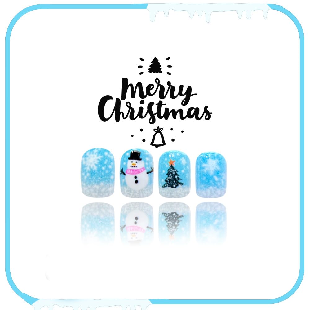 Christmas Winter Snowman Short Press on Nails Snowflake Christmas Tree Fake Nail with Cute Designs Square False Nails for Women Blue Christmas Glue on Nails Full Cover Reusable Glossy Holiday Nails