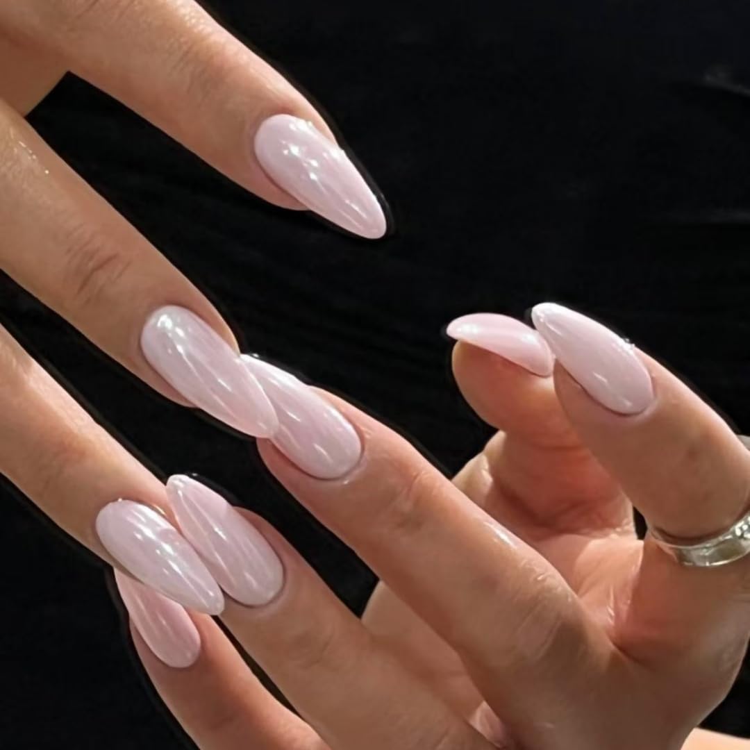 Handmade French tip Press on Nails style long Almond with Glue Stick on Nails for Women Manicure Decoration Aurora Powder 10PCS (MT-142-M)