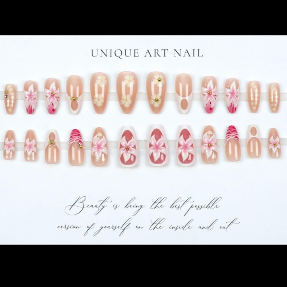 French Tips Press on Nails Medium Almond Fake Nails with 5D Flower Charm Design Glossy Ombre Pink Nails Press on Reusable Rhinestones False Nail Spring Summer Nail for Women Manicure 24Pcs