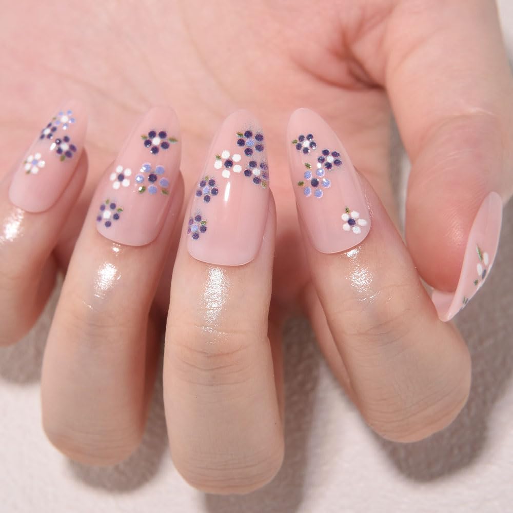 XZMeiLun Spring Summer Purple White Floral Press On Nails Medium Almond Fake Nails, Salon Quality Reusable Acrylic Nails for Women & Girls, DIY Nail Art Gift Kit - 30 PCS 15 Sizes