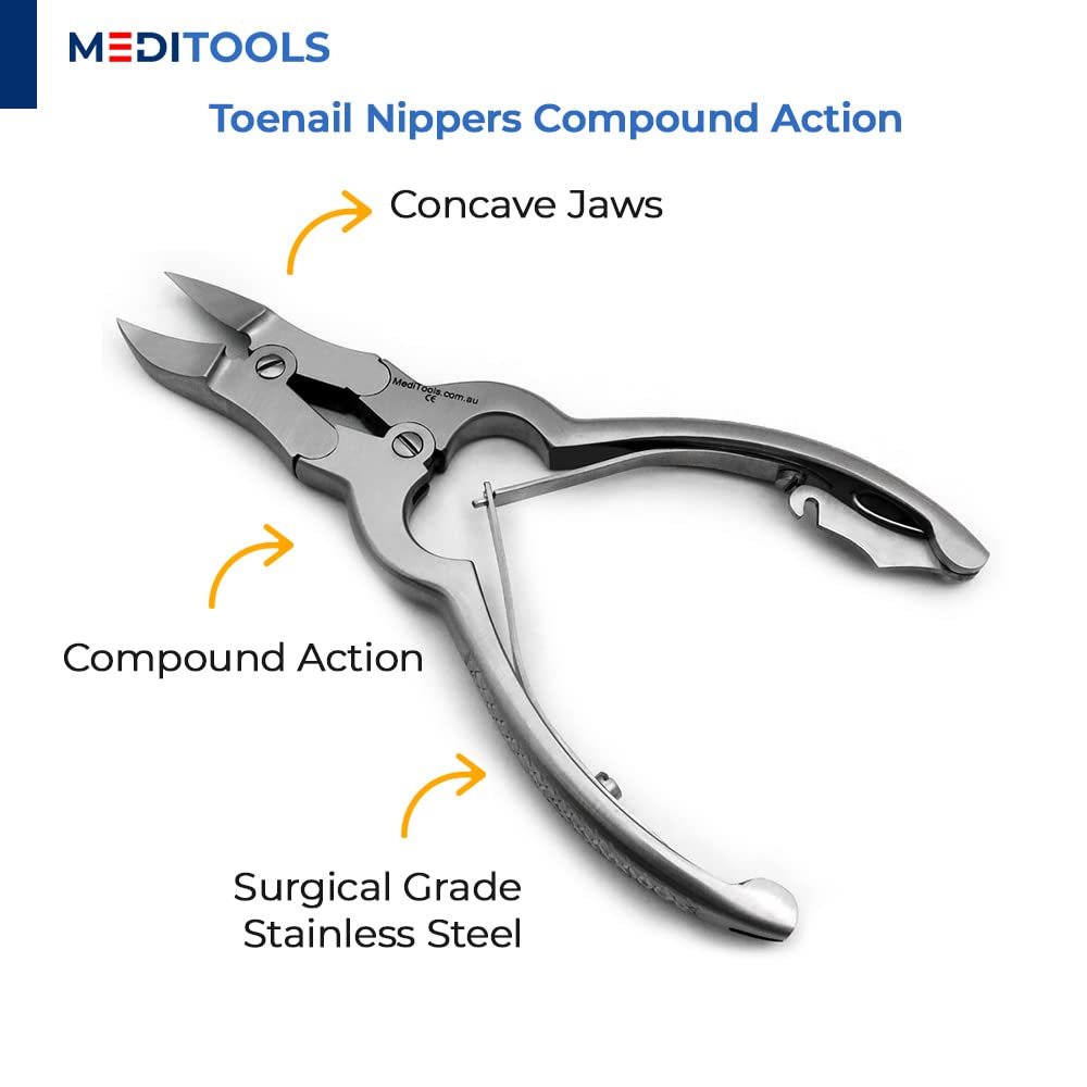 MediTools-Toenail Nippers, Clippers, Double Action, Heavy Duty Toenail Cuter for Thick Nails, Pedicure, Manicure, Podiatrist's Nippers, Concave Jaws, Ingrown Nails Cutter, Stainless Steel, Premium