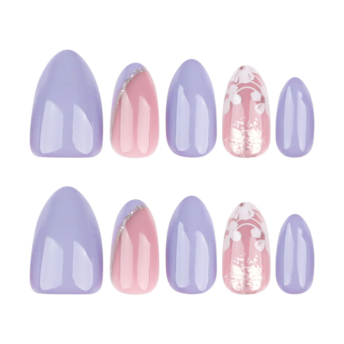 Purple Press on Nails - Medium Almond Fake Nails with Gold Glitter&Flower Designs False Nails Spring Glue on Nails Reusable Full Cover Stick on Nails for Women Manicure 24Pcs