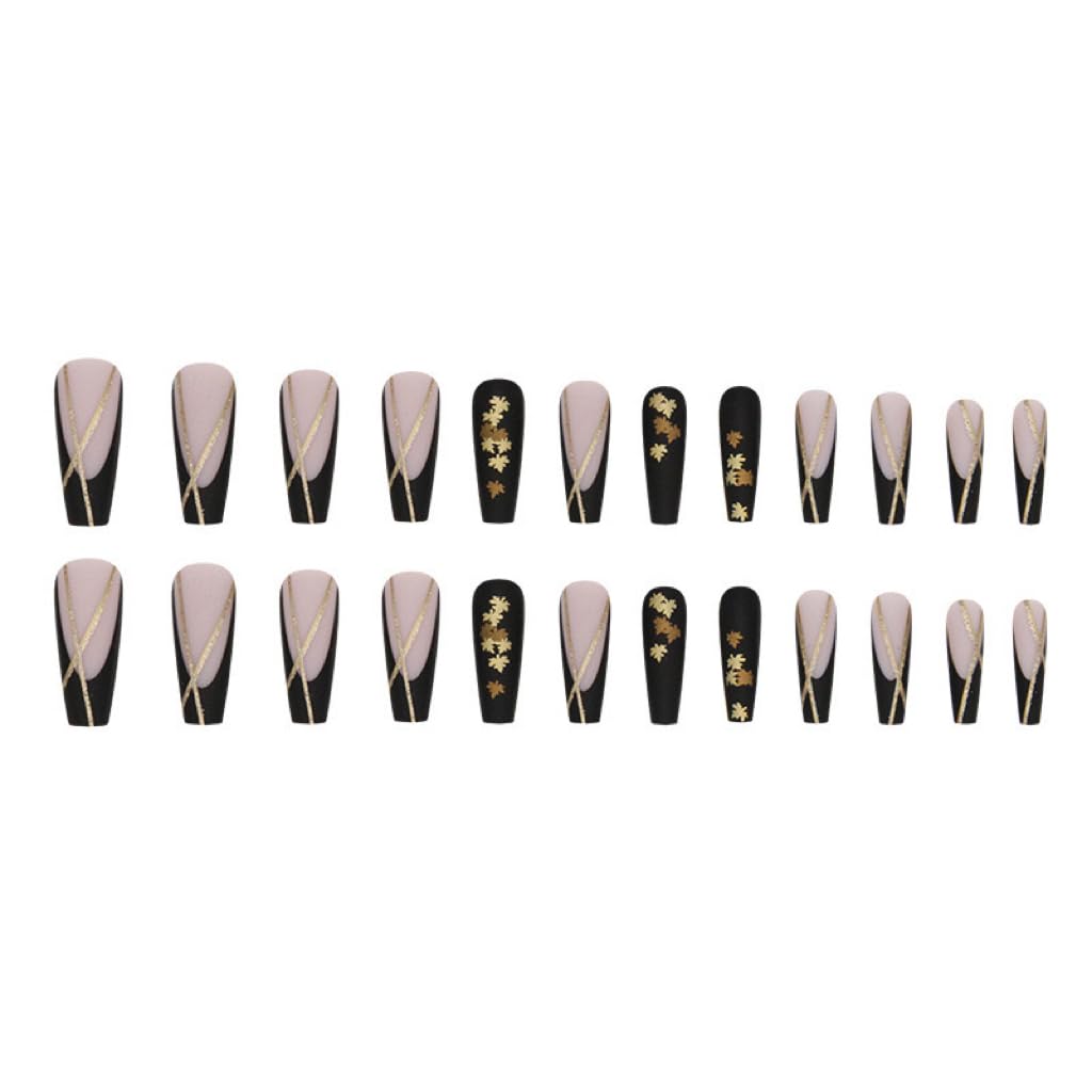 CTTHNBD Fall Press on Nails - Long Coffin Fake Nails with Maple Leaf Design - Black French Tip False Nails Press ons - for Women 24 Pcs