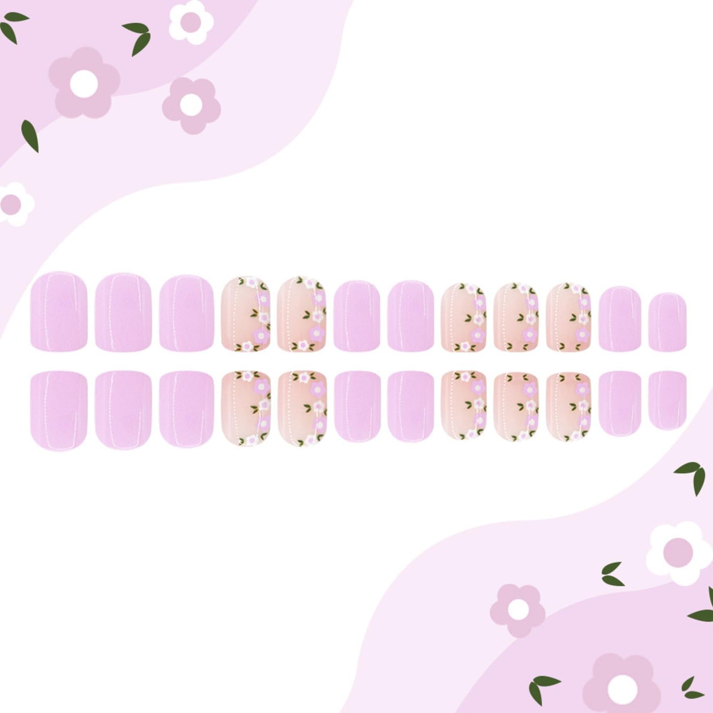 Floral Short Square Press on Nails Soft Nude Lavender Base Purple White Floral Accents Glossy Finish Reusable Spring Nails Easy Apply Fashion Party Wear Durable Trendy Women Girls Nail Art 24 Pcs