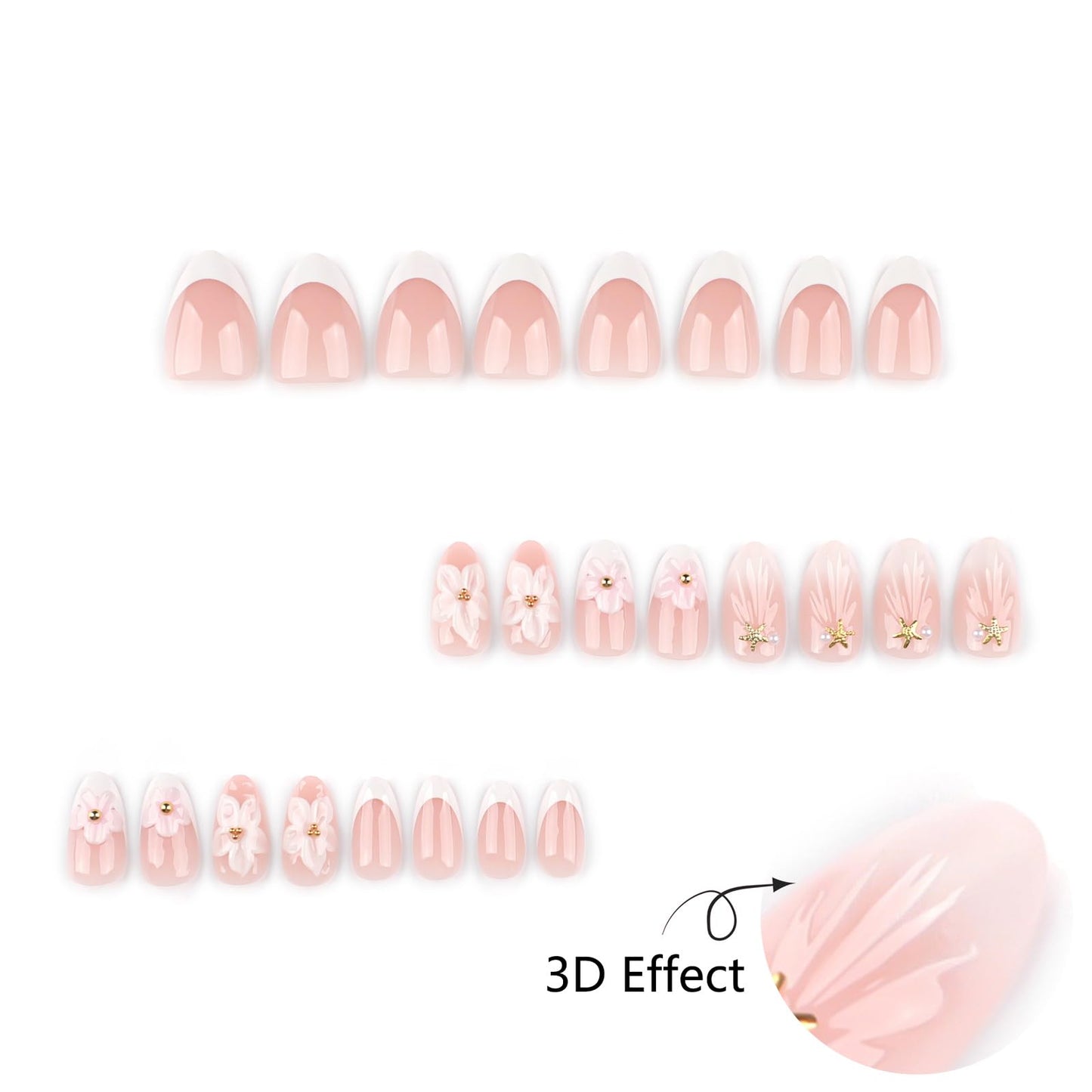Mivota White Flower Press On Nails short, 24pcs Almond French Fake Nails with 3D Floral Design, Pearl & Starfish Decor, Glossy Nude Acrylic Stick On Nails Kit for Women Girls Manicure