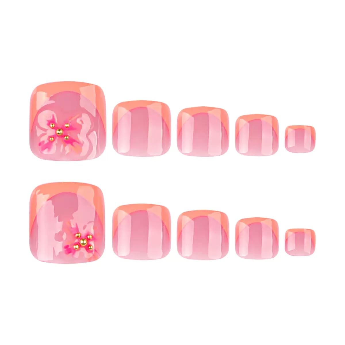 CTTHNBD Press on Toenails - Orange French Tip Fake Toenails with Flower Design - Golssy, Summer False Toe Nails for Women - 24 Pcs