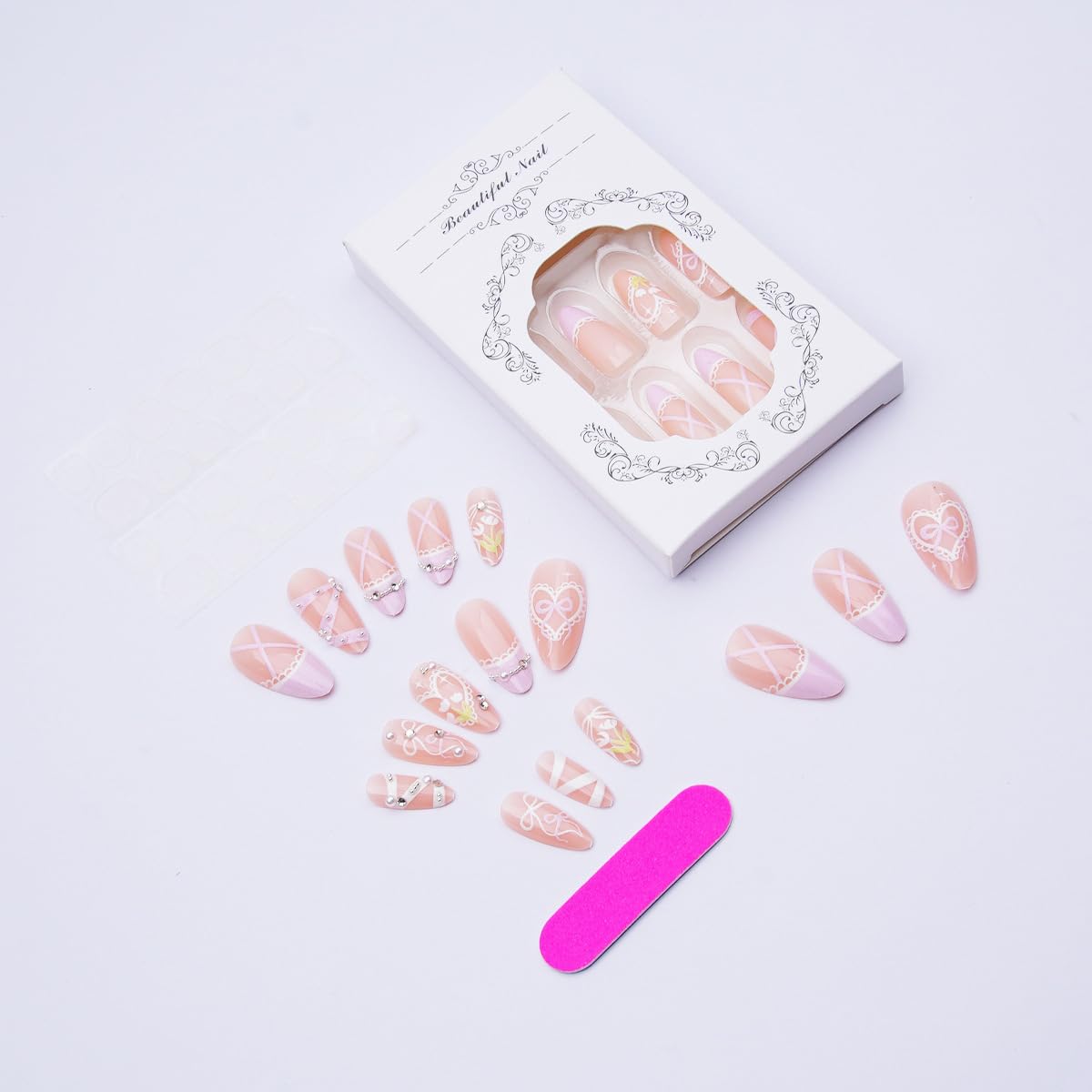 24Pcs Pink French Tip Press on Nails Medium Almond Fake Nails with Heart Pearl Bow Designs Nude False Nails Glossy Full Cover Acrylic Nails Cute Stick on Nails for Women Girls DIY Manicure Decorations