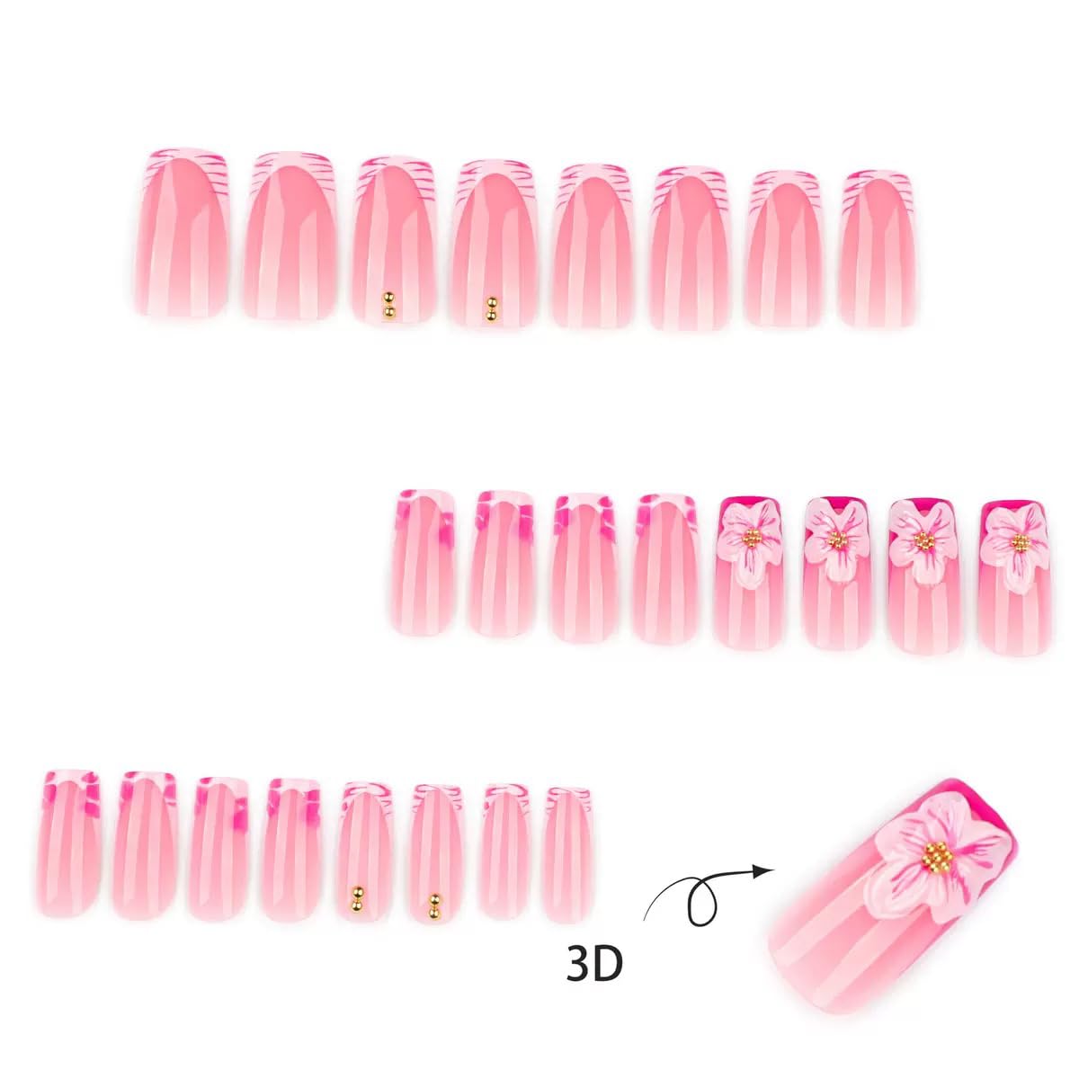 Medium Square Press on Nails - French Tip Fake Nails with 3D Flower Design - Pink False Nails Press ons - for Women 24 Pcs