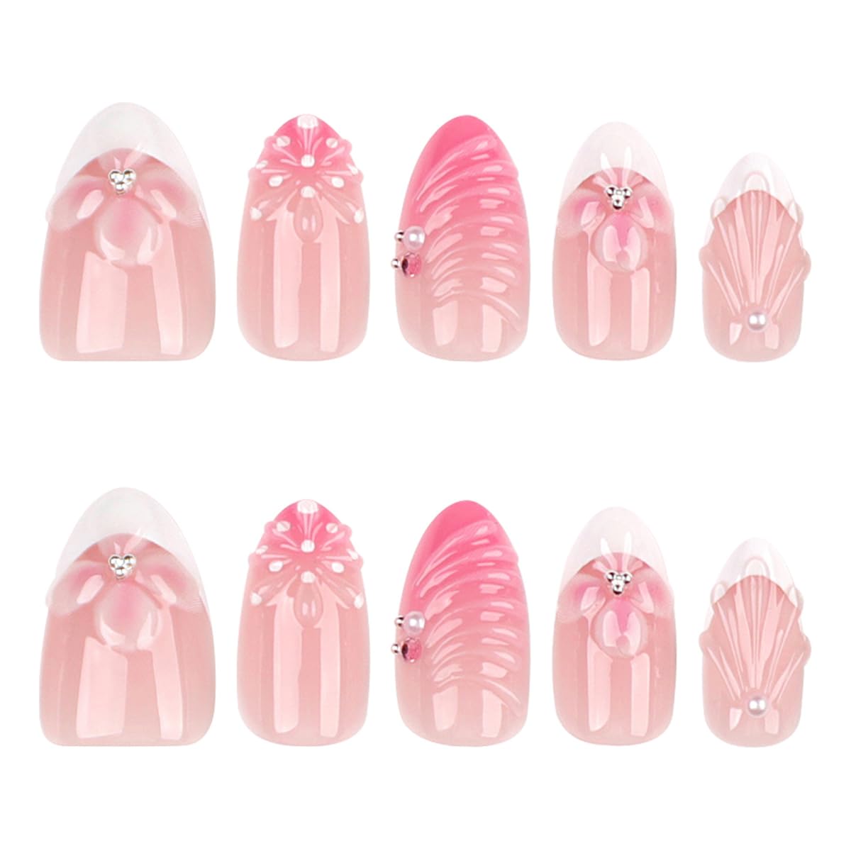 Short Almond Press On Nails - French Tip with Flower, Seashell & Pearls Design,24Pcs Reusable Manicure Kit for Women Girls