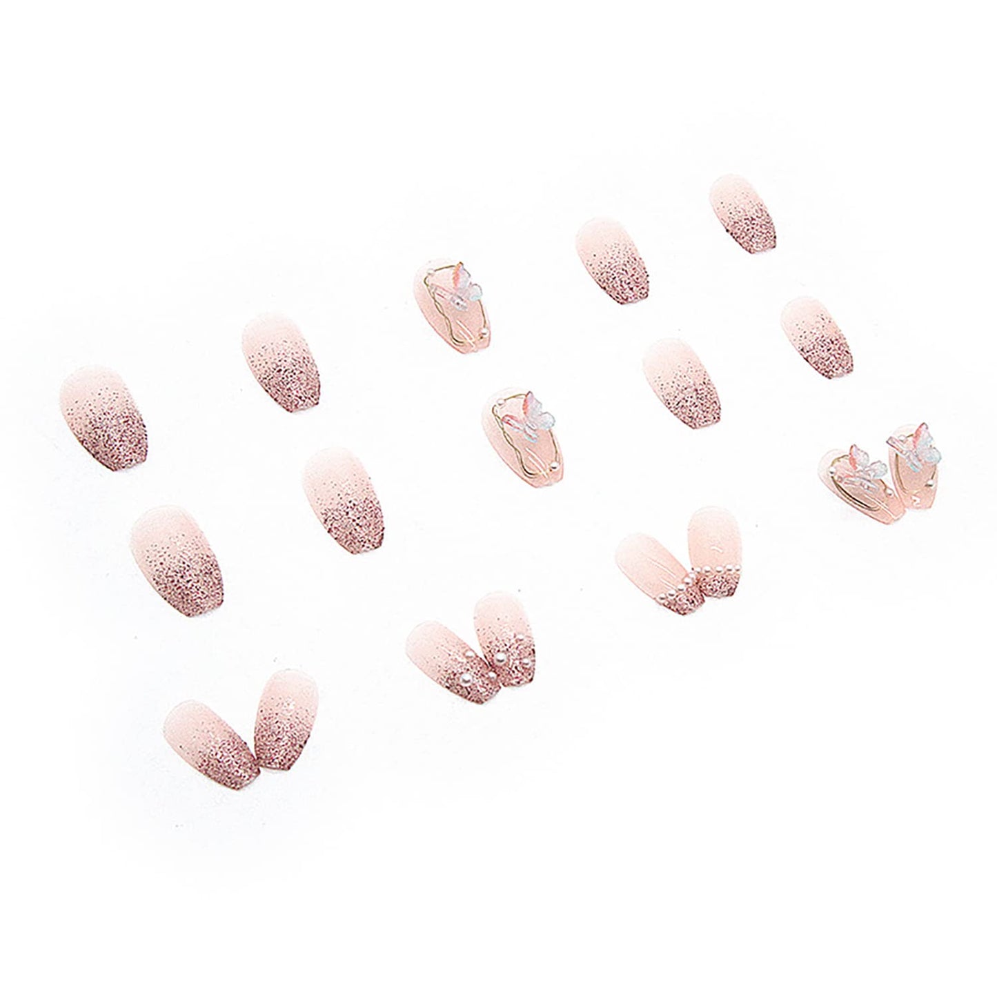 Press On Nails Square Medium Length, Artificial Acrylic Fake Nails With Butterfly Pearl Designs, 24Pcs Full Cover Reusable Coffin False Nails Set, Stick On Nails For Nail Art