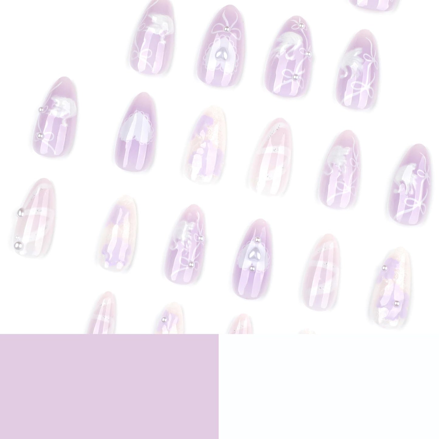 3D White Swan Press on Nails Short Almond Fake Nails Cute Flowers False Nails with Peals Charms Designs Nails White Bow Heart Acrylic Nails Purple Full Cover Stick on Nails for Women Nails Decor 24Pcs