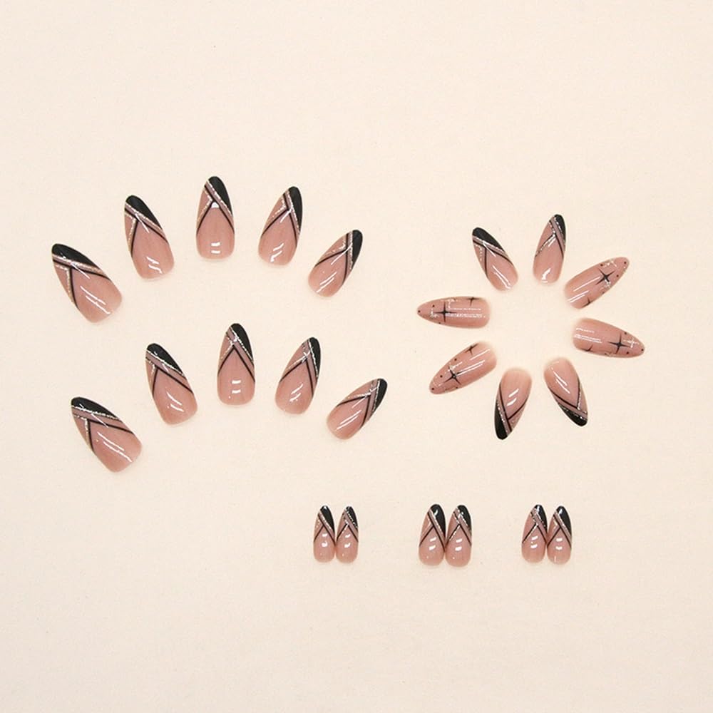 Medium Press on Nails Almond - French Tip Fake Nails with Black Line Design - Glitter, Star Full Cover Stick on False Nails for Women 24 Pcs