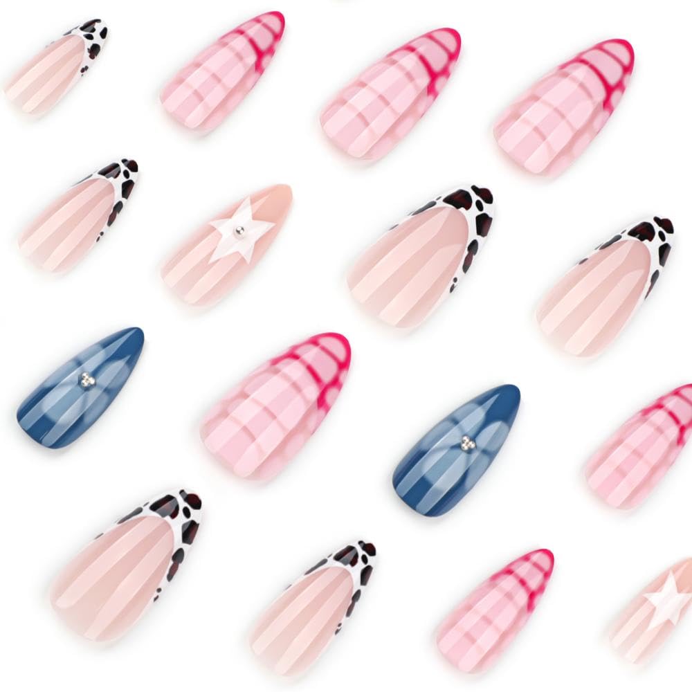 Medium Almond Press on Nails Rhinestones False Nails with 5D Pearl Star Design Blue Flower Fake Nails Glossy Leopard French Tip Stick on Nails Pink Crocodile Glue on Nail for Women Manicure 24Pcs