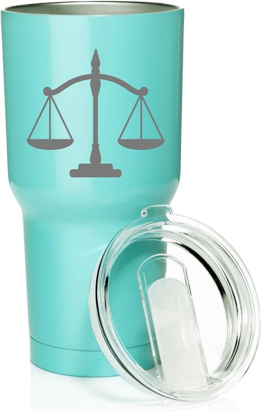 Smooth Body Tumbler Stainless Steel Vacuum Insulated Travel Mug Cup Gift Scales of Justice Lawyer Paralegal Judge (Teal, 30 oz)