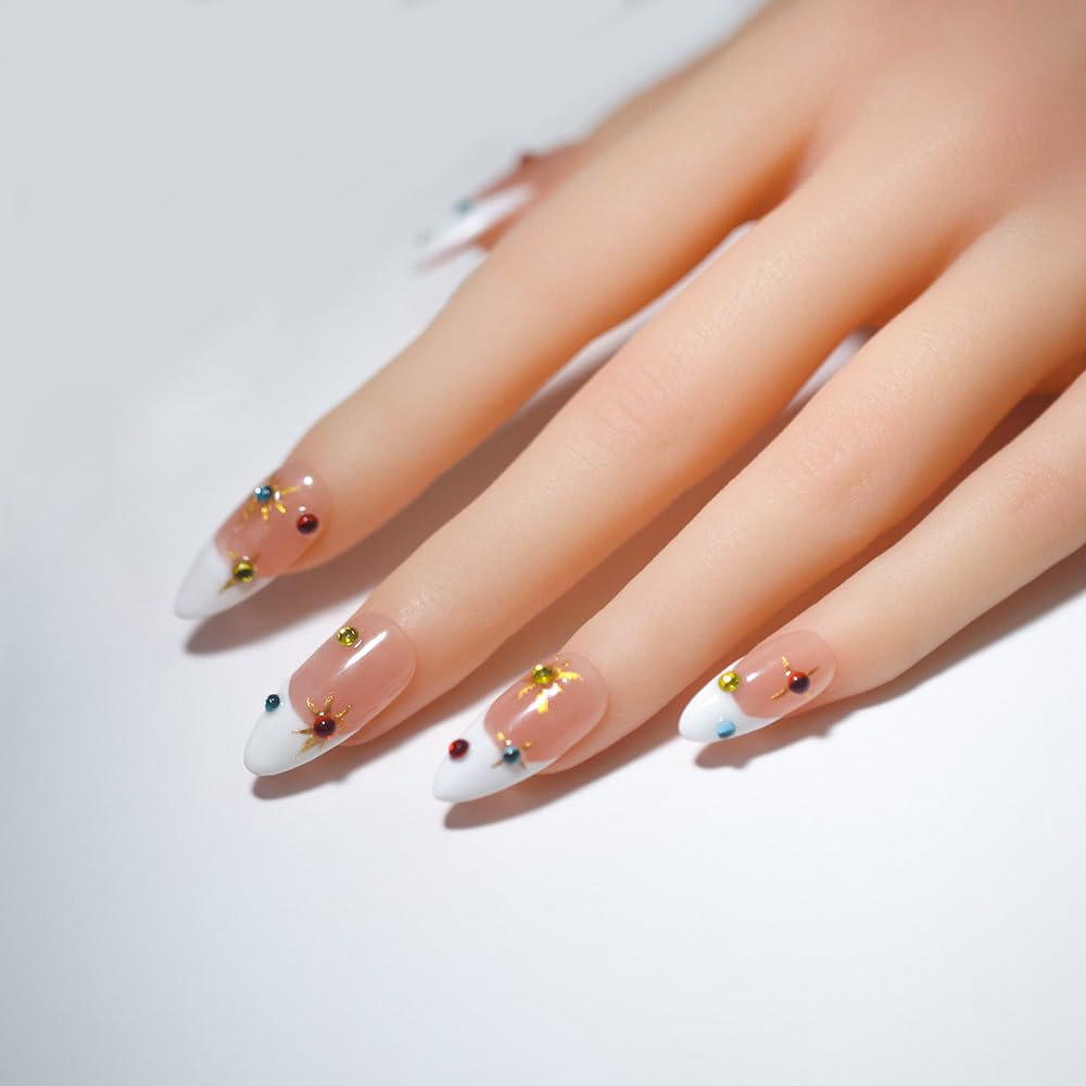 10PCS Luxury Handmade Press On Nails Nude Gradient Cat's Eye with Pearl Bow & Sparkling Rhinestones for Wedding & Party Reusable Almond Fake Nails Design Gift For Women and Girls (L05, M)