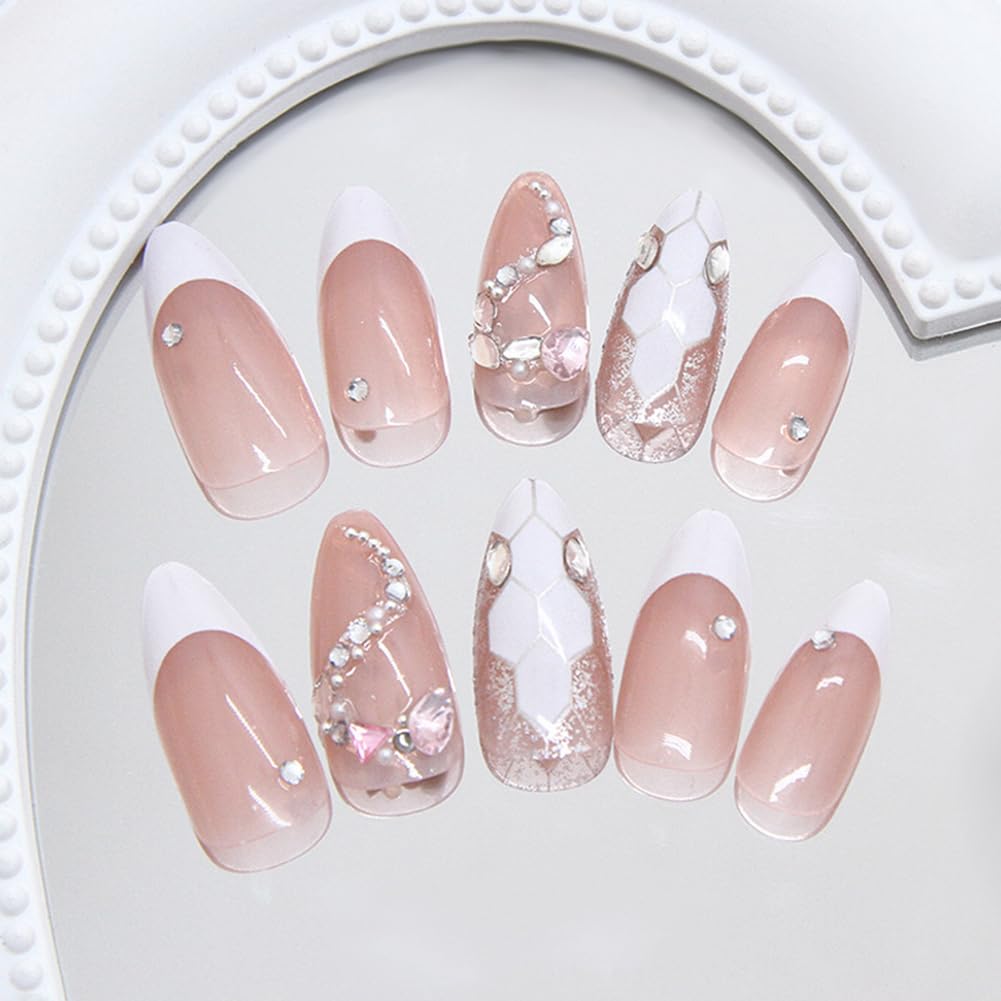 24Pcs French Tip Press on Nails Snake design Element Fake Nail Medium Almond False Nails Acrylic Full Cover Fake Nail Kit Glossy With Rhinestones Artificial Fale Nails For Women And Girls Manicure