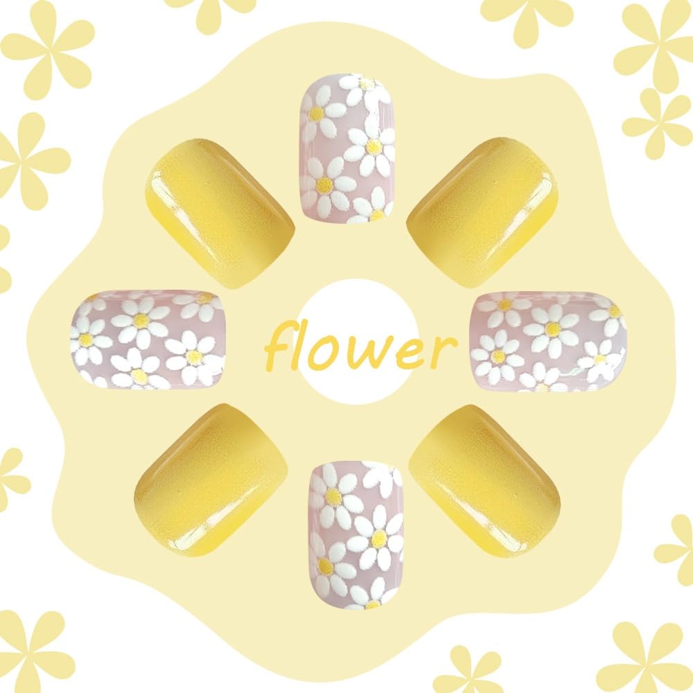 Flower Press on Nails Short Square Fake Nails with White Floral Design Glossy Yellow Glue on Nails Daisy Nails Press ons Reusable Full Cover Spring Summer Acrylic Nails for Women Manicure 24Pcs