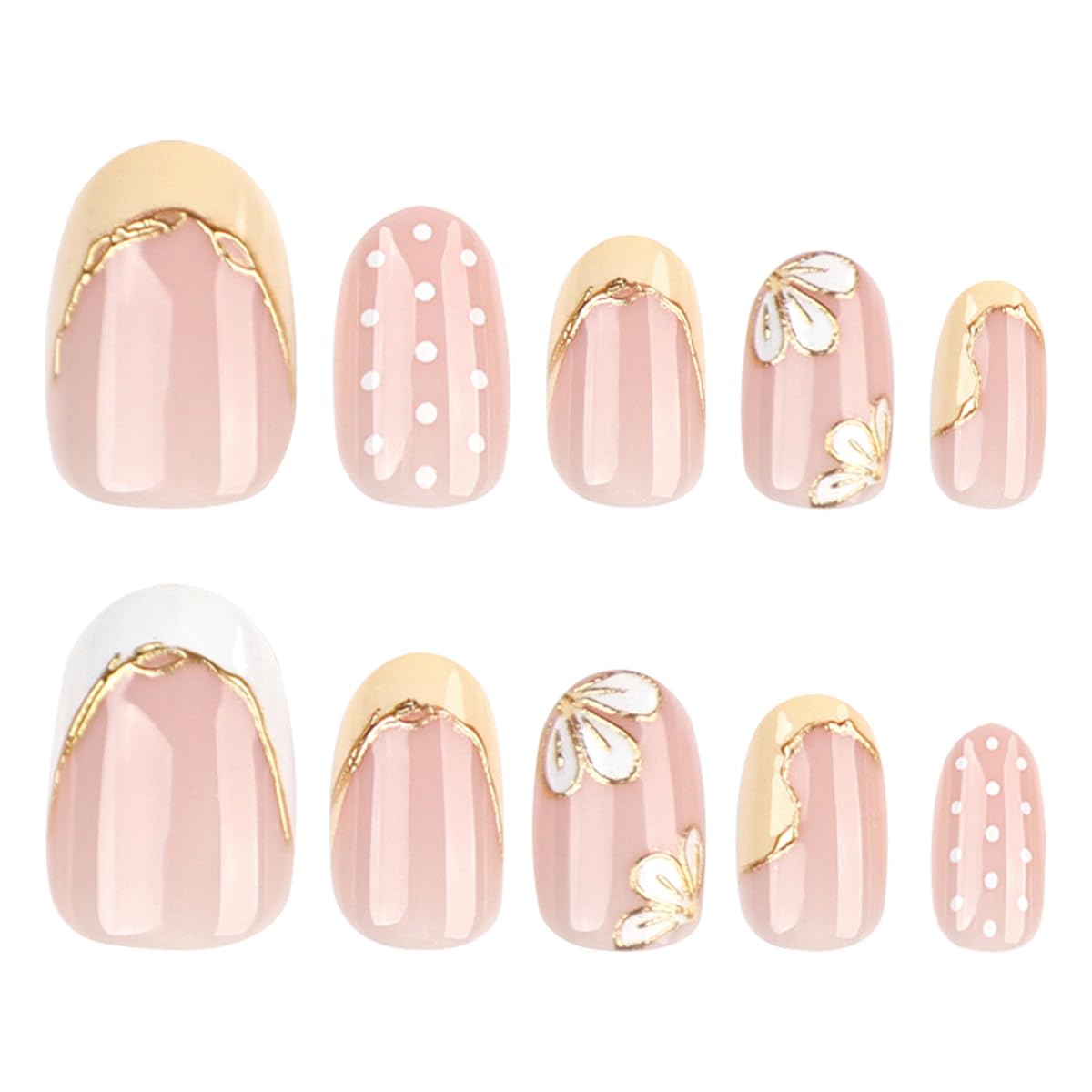 French Tip Press on Nails with Gold Line & White Flower Designs, Short Oval Cute Polka Dot Fake Nails, Spring Summer False Nails, Reusable Stick on Nails for Women Manicure 12 Sizes - 24 Pcs
