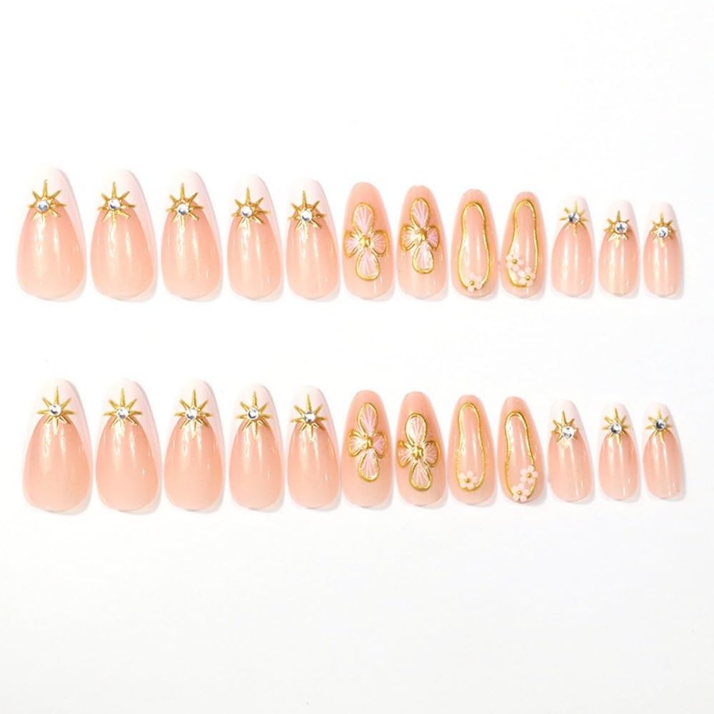 FJSMTOPl Flower Press on Nails 3D Spring Floral Fake Nails Press ons Almond French Tip False Nails Medium Acrylic Glue on Nail Cute Artificial Stick on Nail for Women Manicure 24Pcs