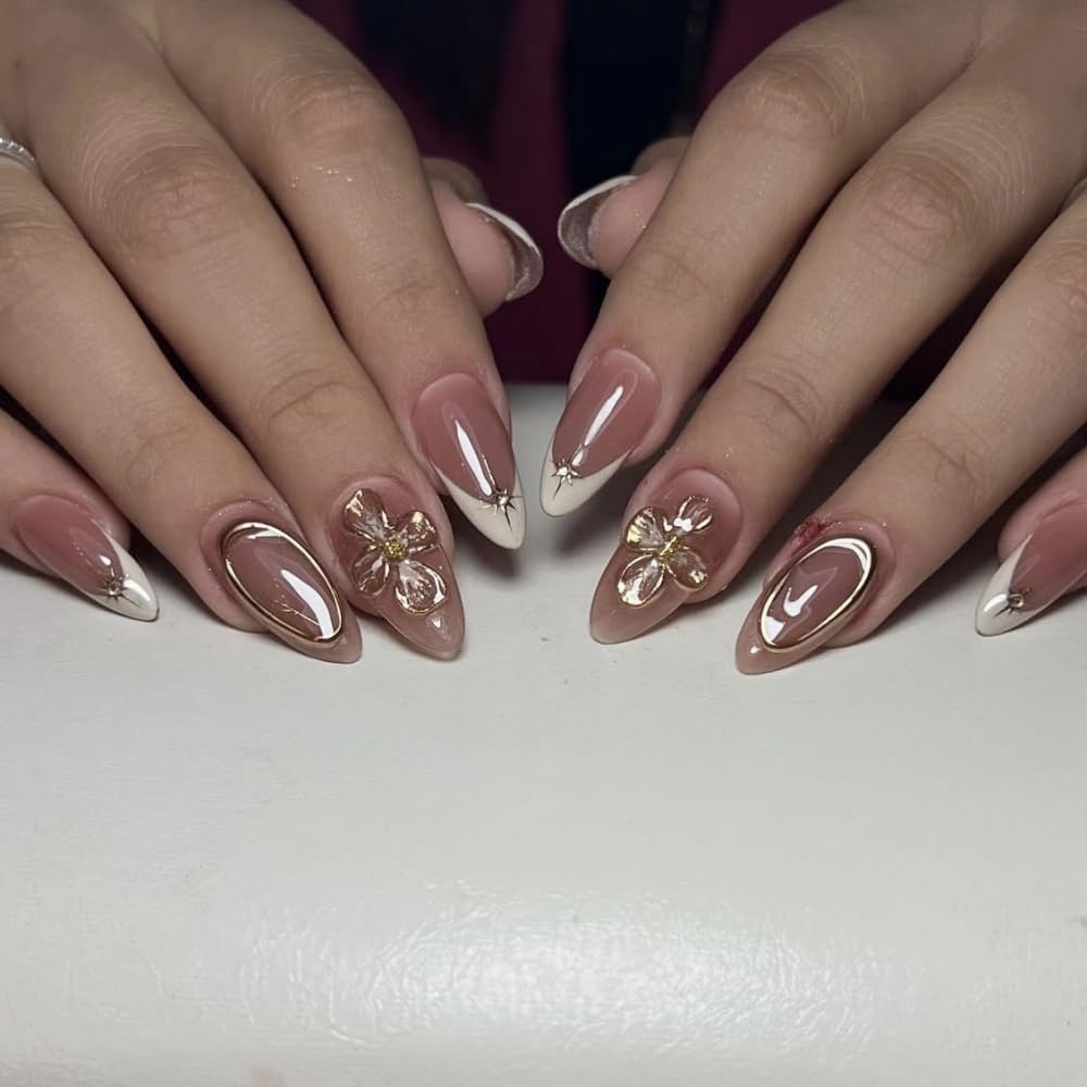 Ombre Press on Nails Medium Almond Fake Nails with Gold Flowers Design Glossy White French Tips Glue on Nail Gold Lines Nails Press ons Reusable Full Cover Spring Summer Nail for Women Manicure 24Pcs