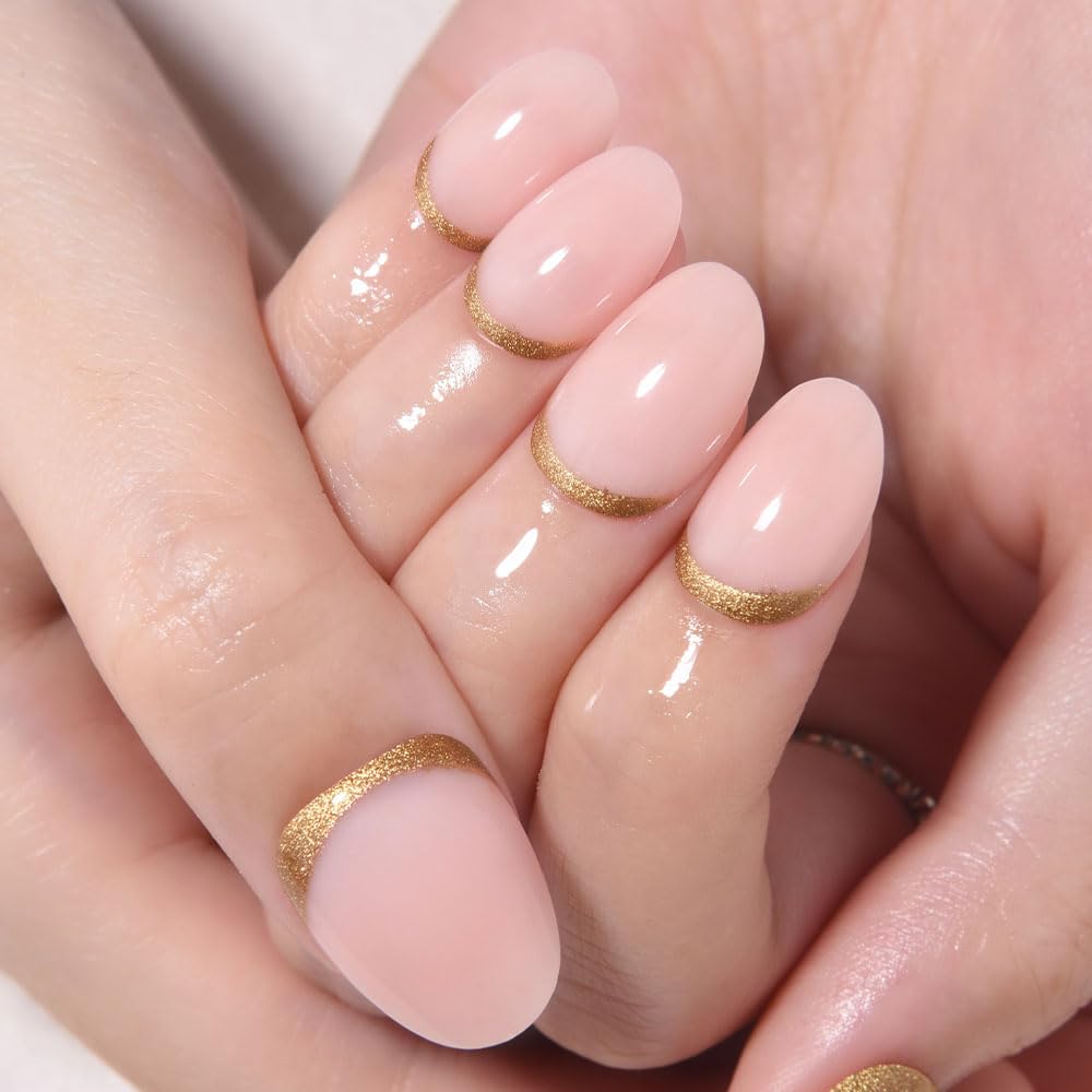 evpct Nude Pink French Press on Nails Short Oval, Short Gold Foil Stick on Nails for Women Gift,Nude Pink Glossy Fake Nail Reusable Soft Gel Press on Acrylic Fake Nail kit with Gold Line Design