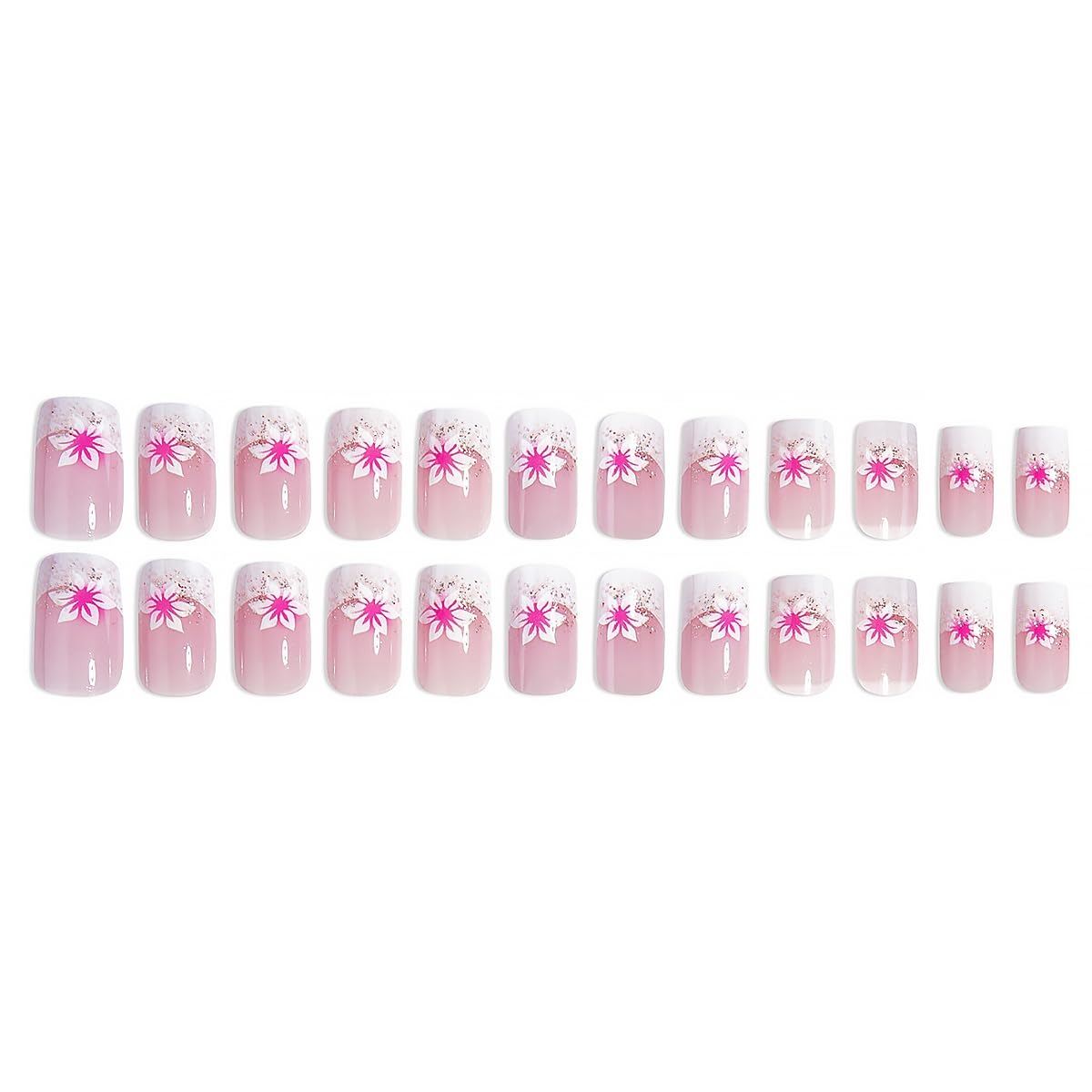 24Pcs French Tip Press on Nails Short Square Fake Nails Pink with Flower Full Cover Tip Glue on Nails Design Artificial Nude Pink False Nails Supplies Stick on Nail Acrylic for Women Nail Art