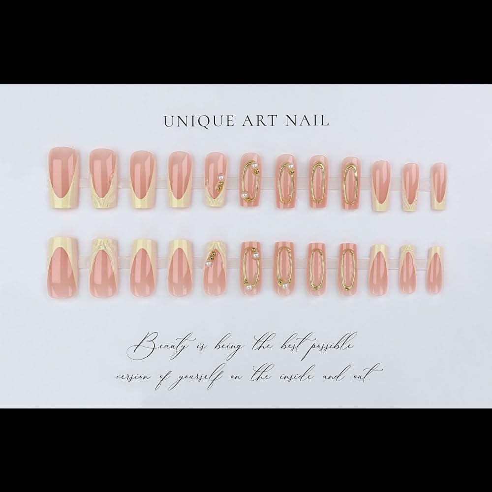 French Tips Press on Nails Medium Square Fake Nails with 5D Gold Lines Charm Design Glossy Pink Yellow Nails Press on Reusable Pearl Rhinestones False Nail Spring Summer Nail for Women Manicure 24Pcs