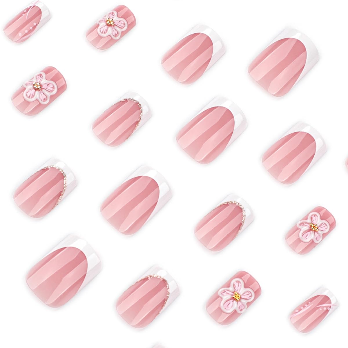 White French Tip Press on Nails Short Square Fake Nails with 3D Flower Design Nude Base False Nails Press ons Acrylic Glossy Cute Glue on Nails for Women Girls Manicure 24Pcs