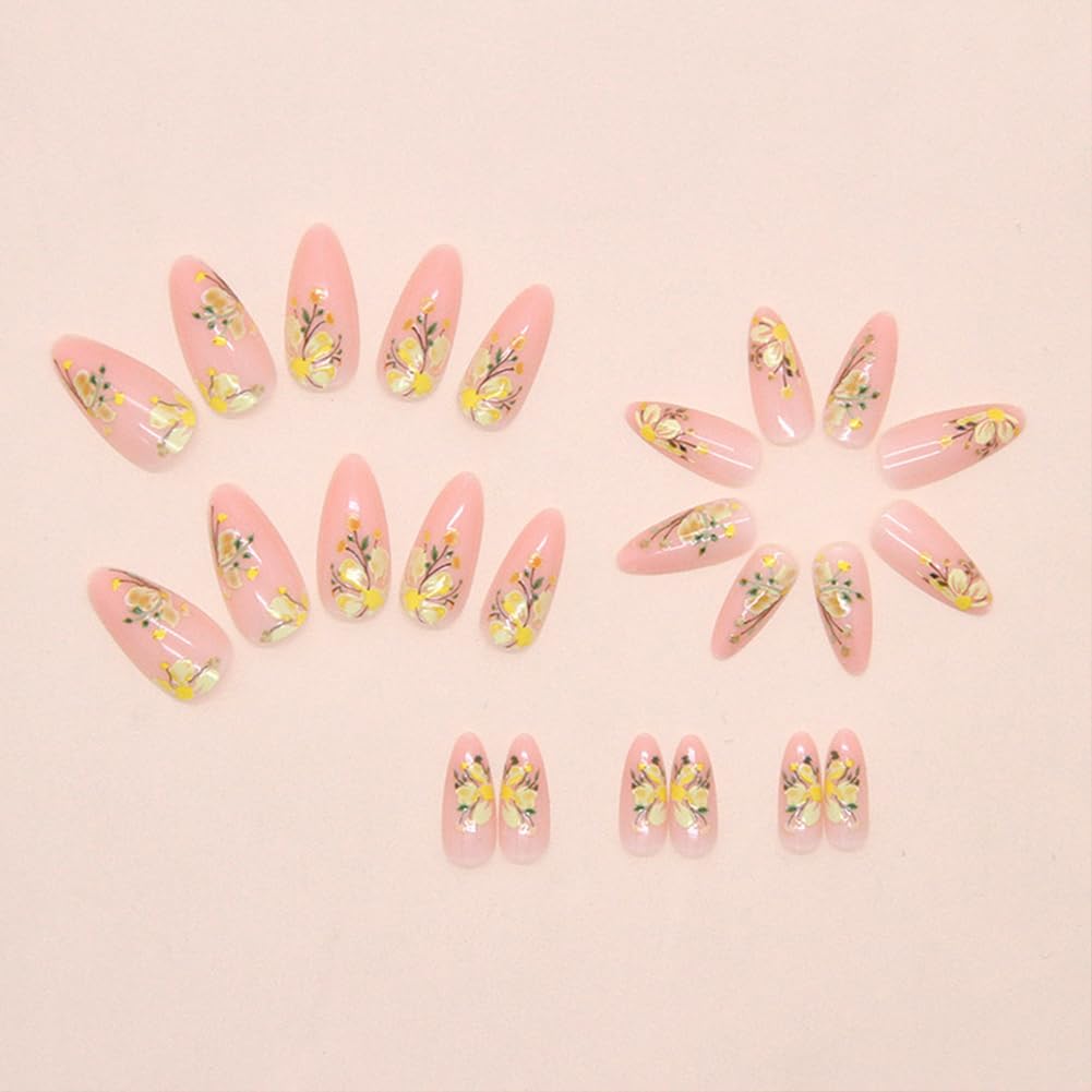 24Pcs Medium Length Press on Nails French Almond Shaped With Floral Design And Acrylic Artificial False Nails Kit Full Cover Nude Glossy With Fake Nail Suitable Women and Girls