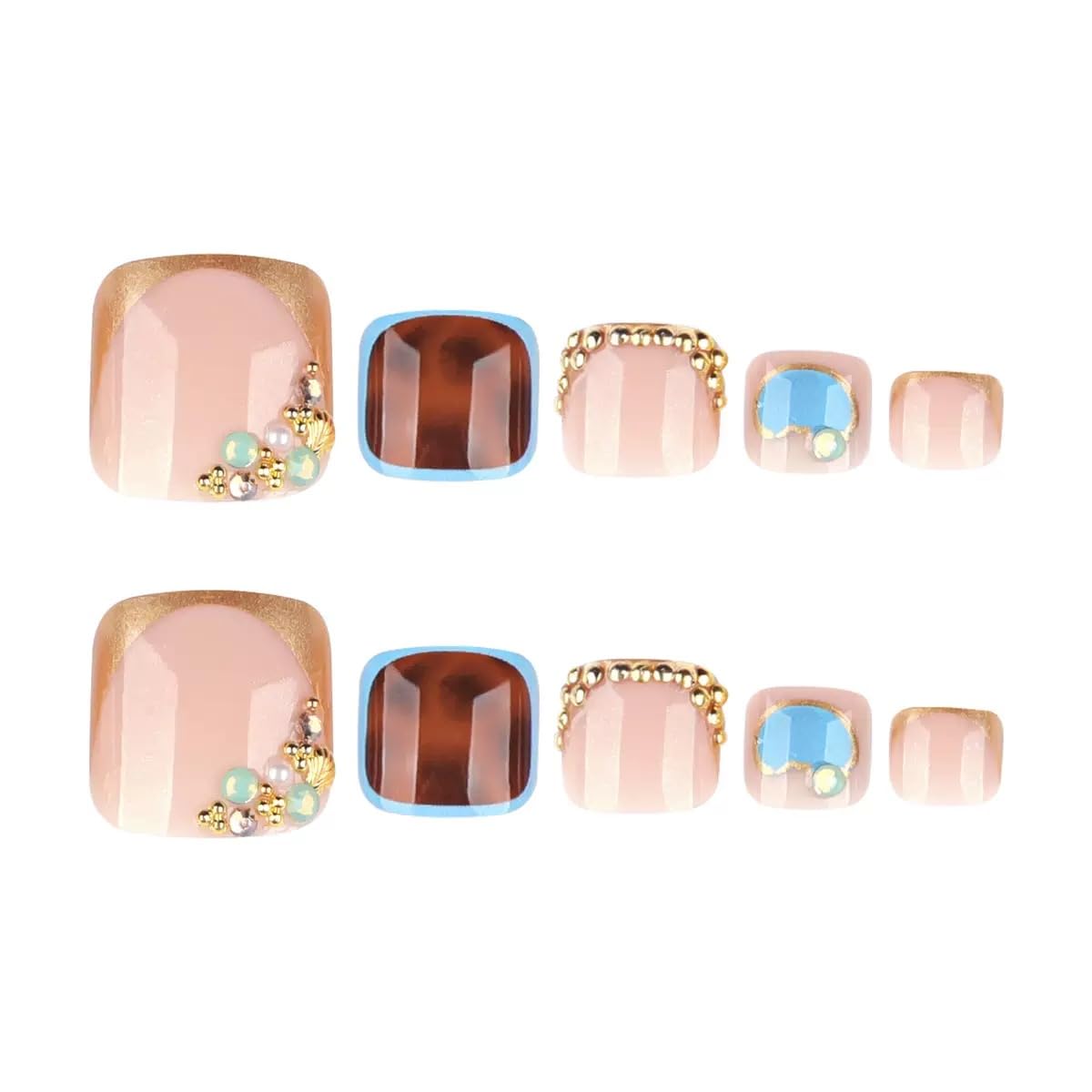 CTTHNBD Press on Toenails - Gold French Tip Fake Toenails with Leopard Print Design - Rhinestone, Summer Press on Toe Nails - for Women 24 Pcs