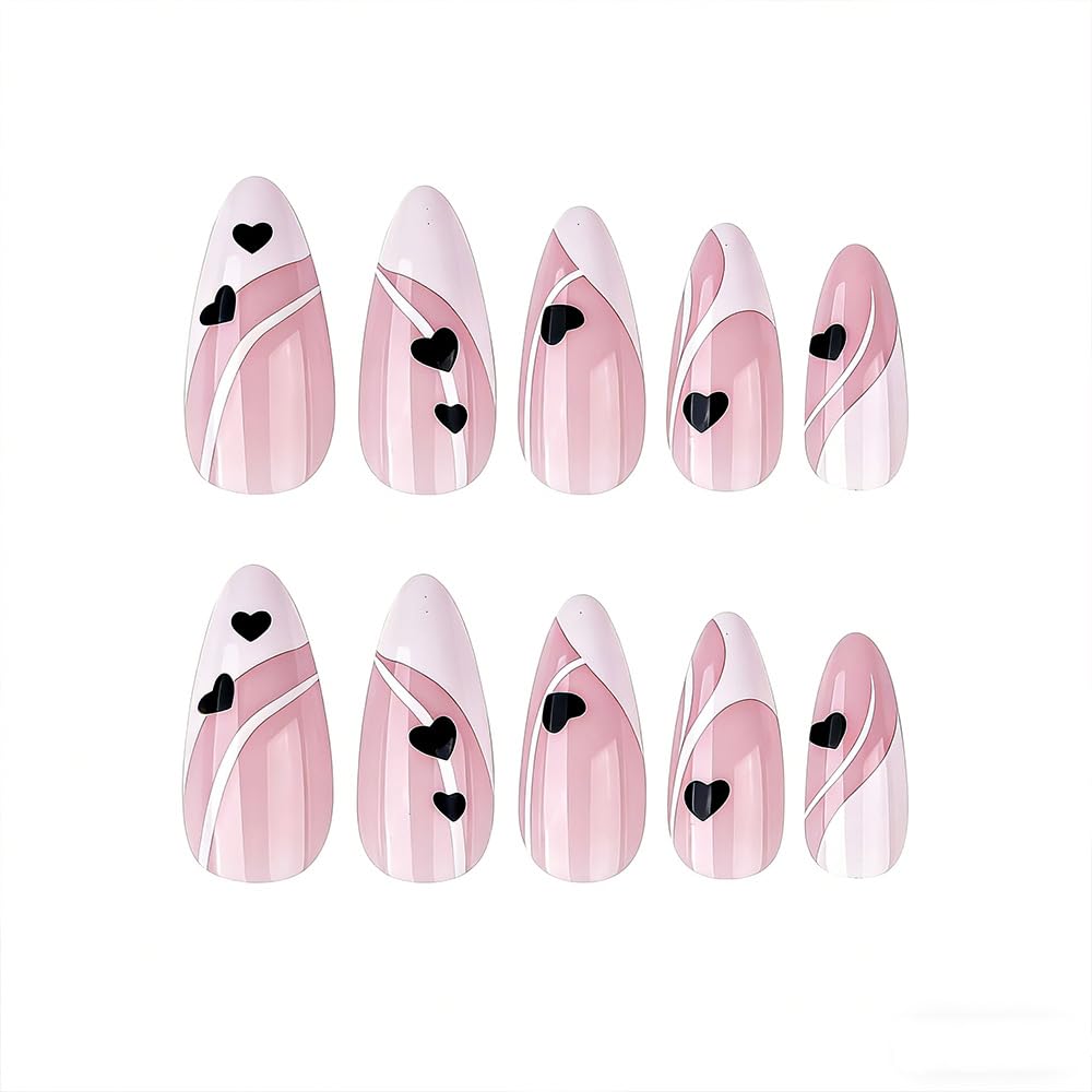 FJSMTOPl Valentine Press on Nails - Love Heart Fake Nails - Almond False Nails Press ons - French Tip Acrylic Glue on Nails - Artificial Stick on Nail for Women Manicure 24 Pcs
