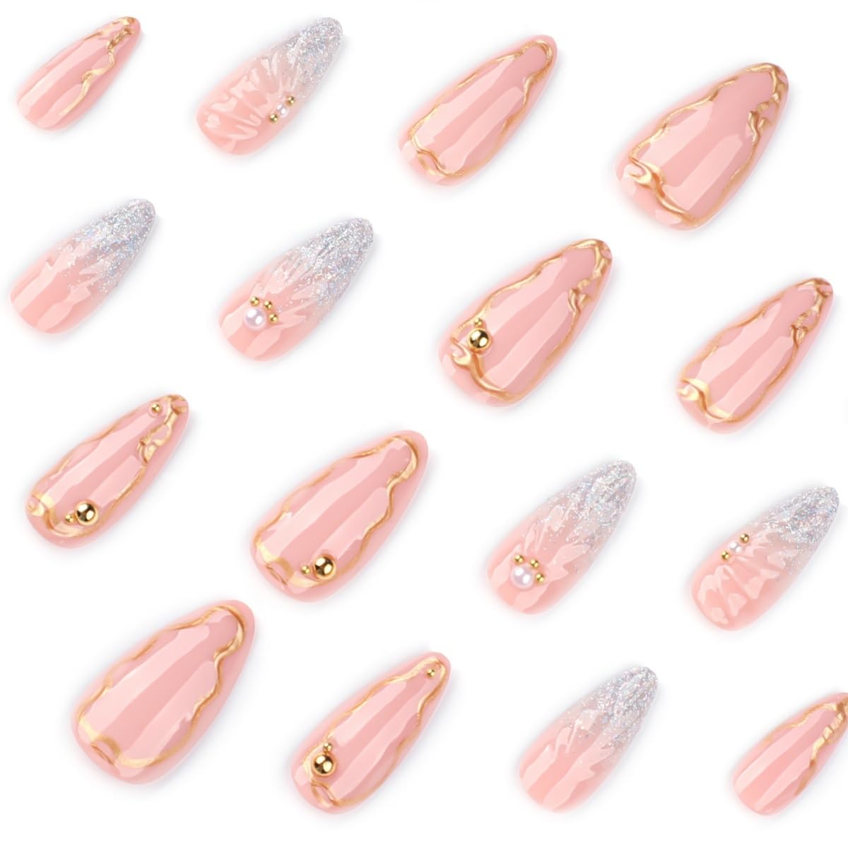 Gold Press on Nails Long Stiletto Fake Nails with 3D Seashell Pearl Design Stick on Nails Pink Glitter False Nails Summer Handmade Acrylic Glue on Nail for Women Girl Nail Art Decoration 24Pcs