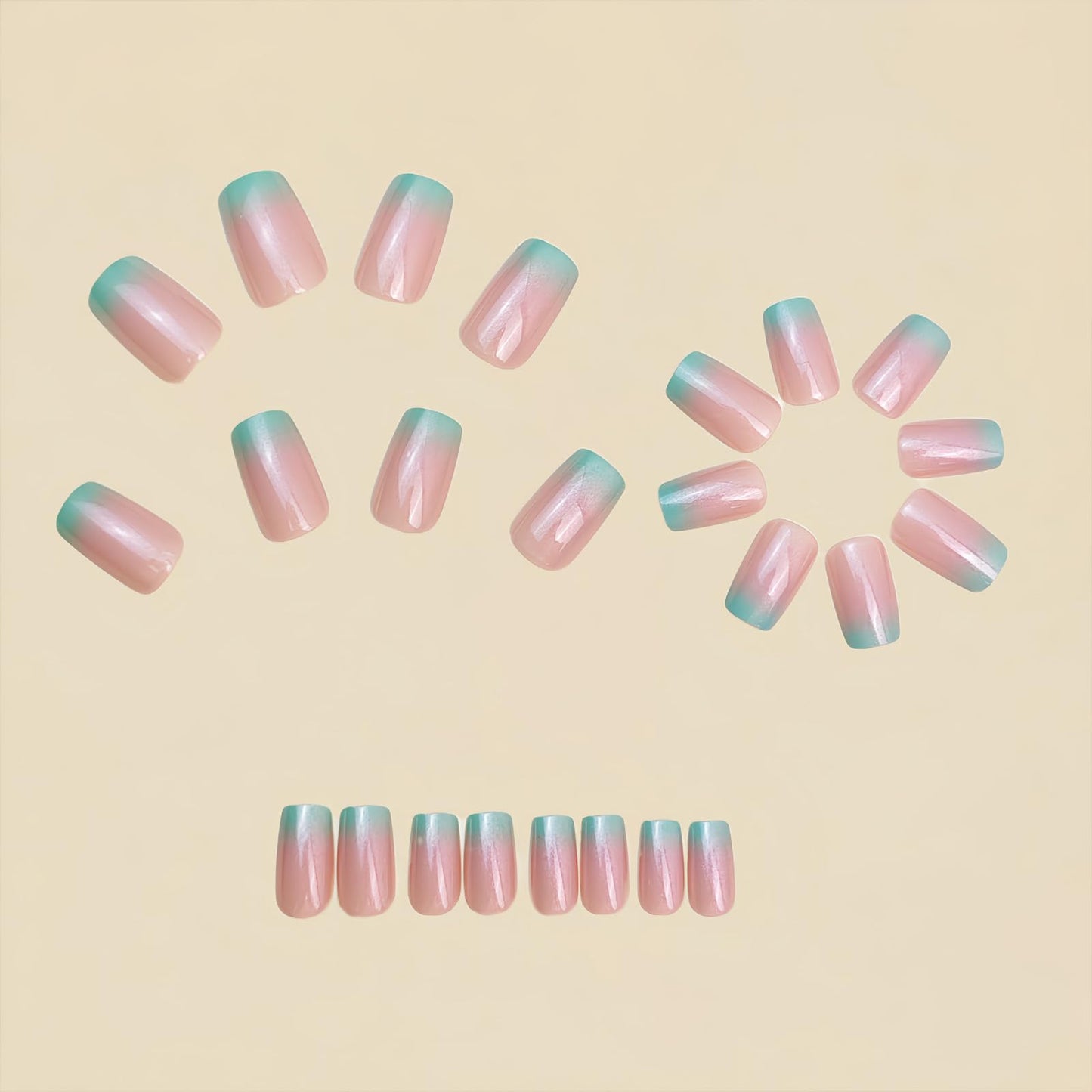 SINHOT Square Press on Nails - Short Fake Nails, Glossy Finish, Pink Blue Gradient & Bling, DIY Artificial False Nail Art - 24 Pcs Nail Kit with Glue
