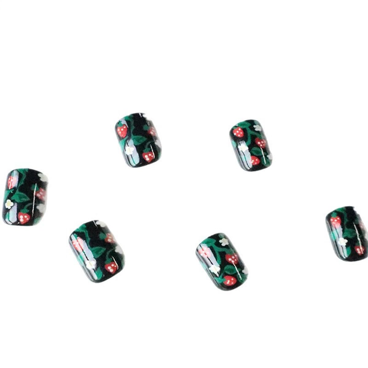 24Pcs Press on Nails Short Square False Nails with Cute Strawberry Nails Press on with Flower Leaves Design Black Acrylic Fake Nails Summer Full Cover Gloss Glue on Nails for Women Girls