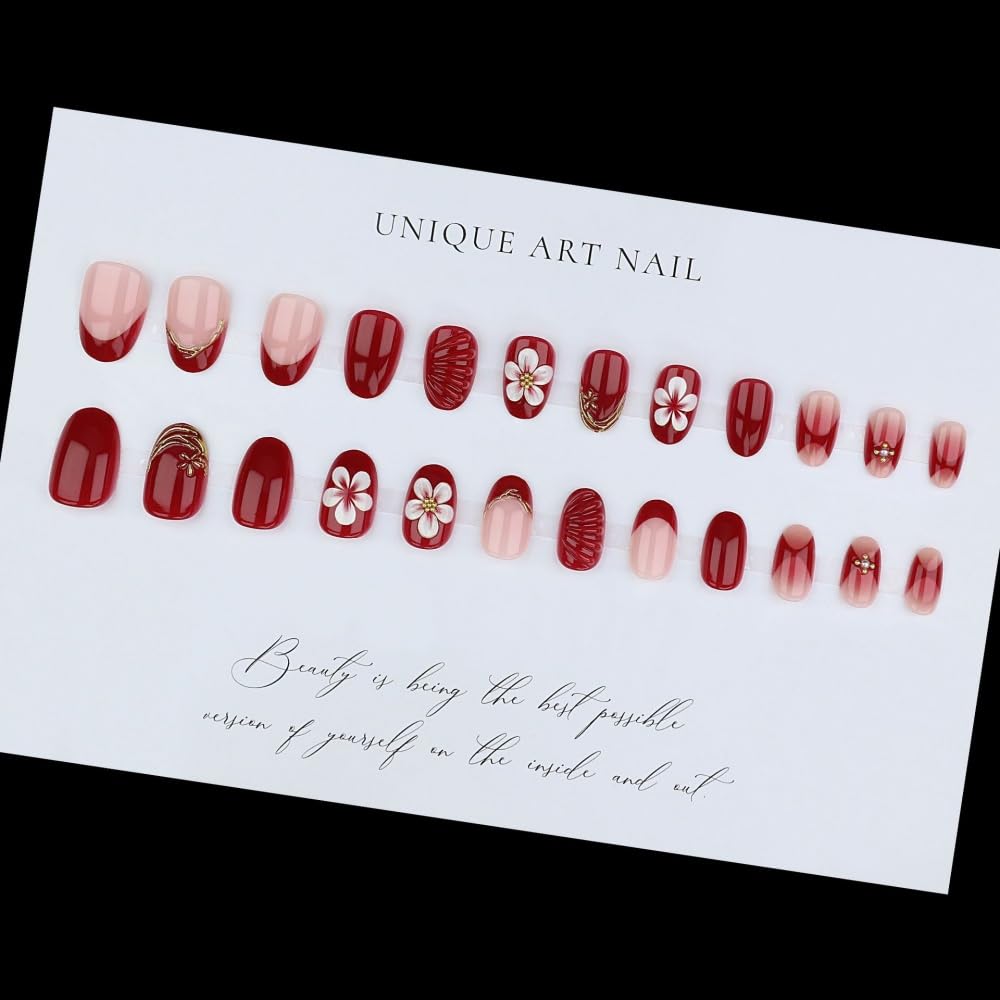 Red Press on Nails Short Almond Fake Nails with 5D Flower Design French Tips Glue on Nail Glossy Ombre Dark Red Nails Press ons Reusable Full Cover Gold Lines Acrylic Nail for Women Manicure 24Pcs