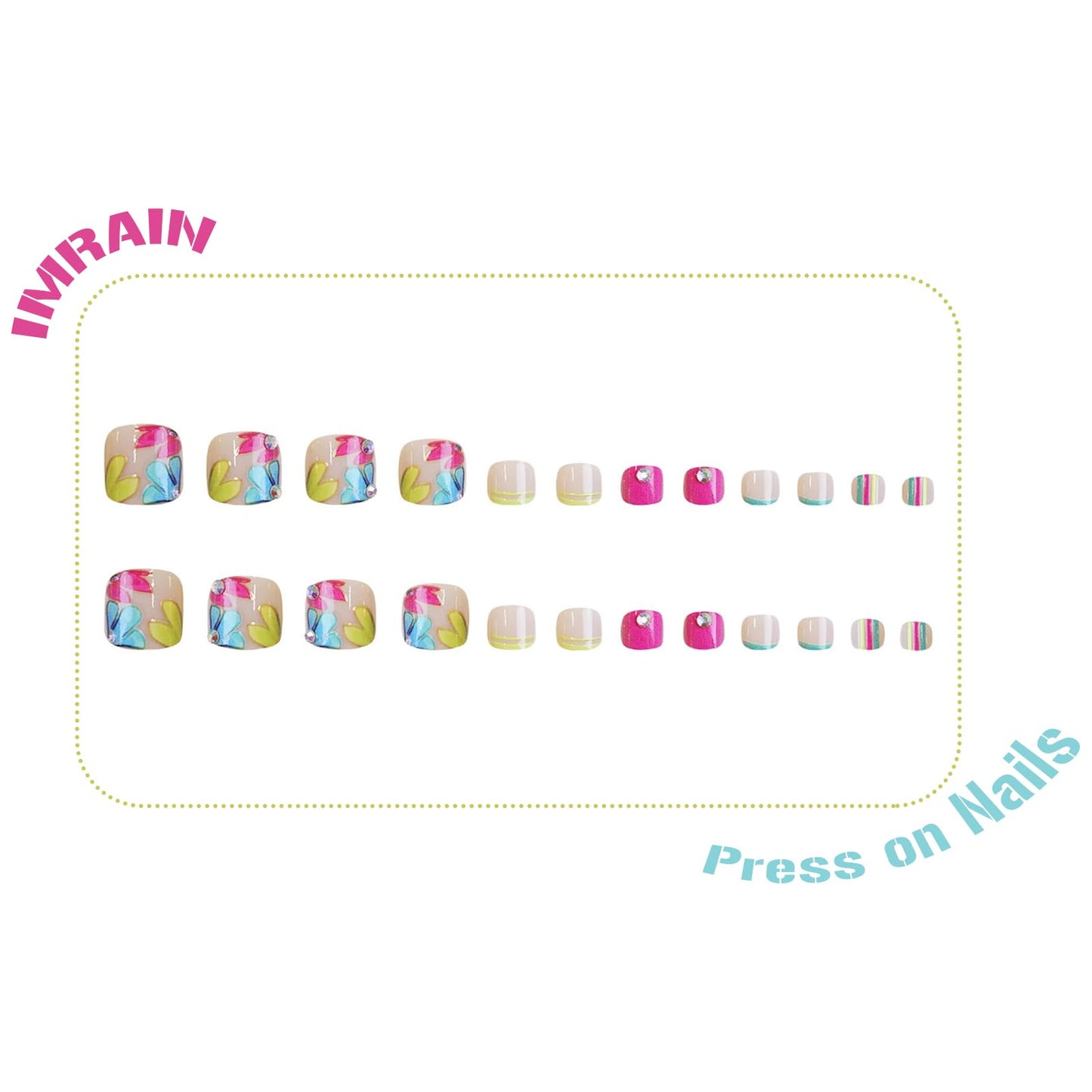 IMRAIN Press on Toenails Short Square Fake Toe Nails Pink Blue Yellow French Tips False Toenails with Flower Designs Full Cover Summer Glossy Glue on Toe Nails for Women 24Pcs