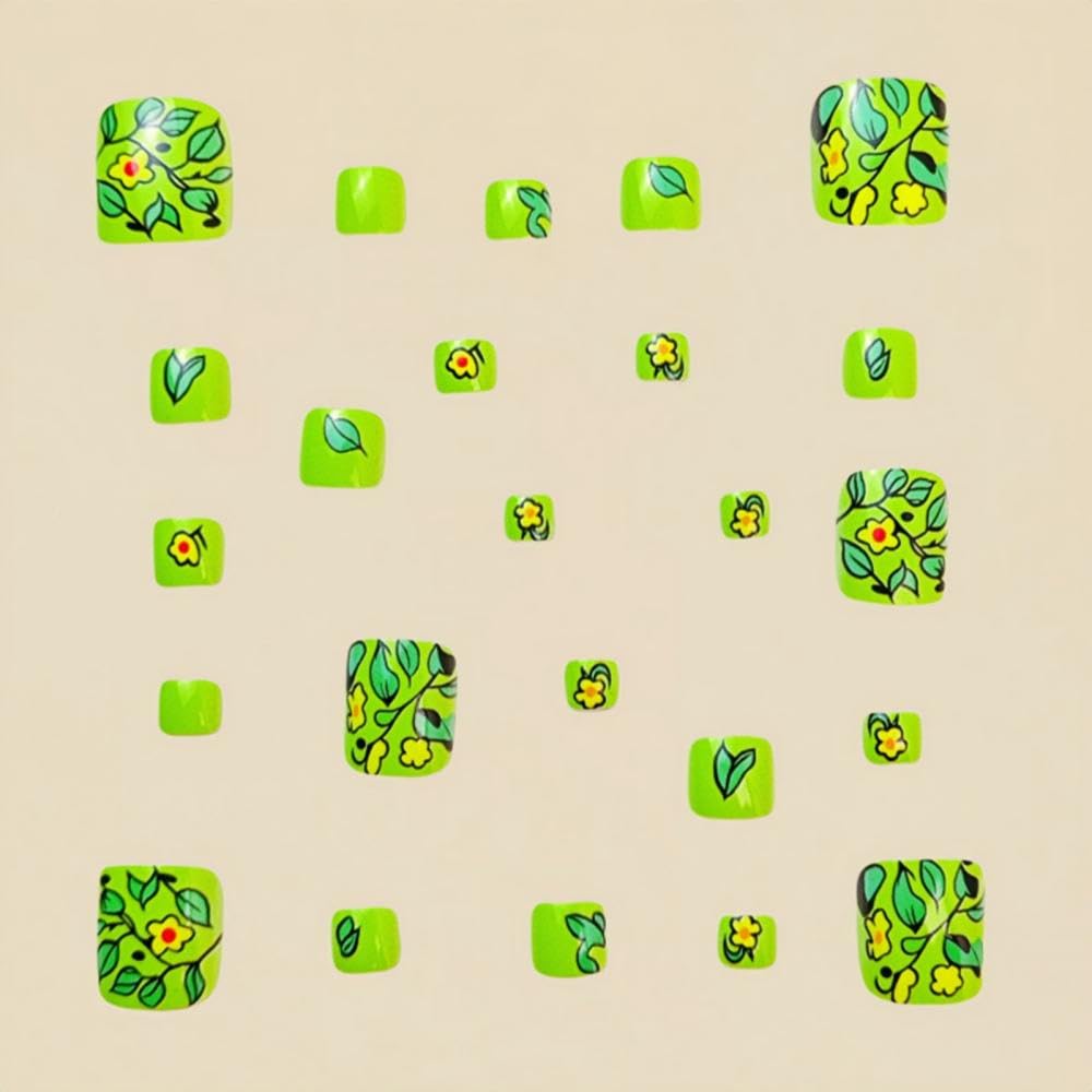 Green Press on Toenails Short Square Stick on Toenails with Yellow Flower Daisy Design Green Leaf Glue on Toenail Glossy Spring False Toenail Summer Fake Toe Nails for Women Girls Manicure 24Pcs