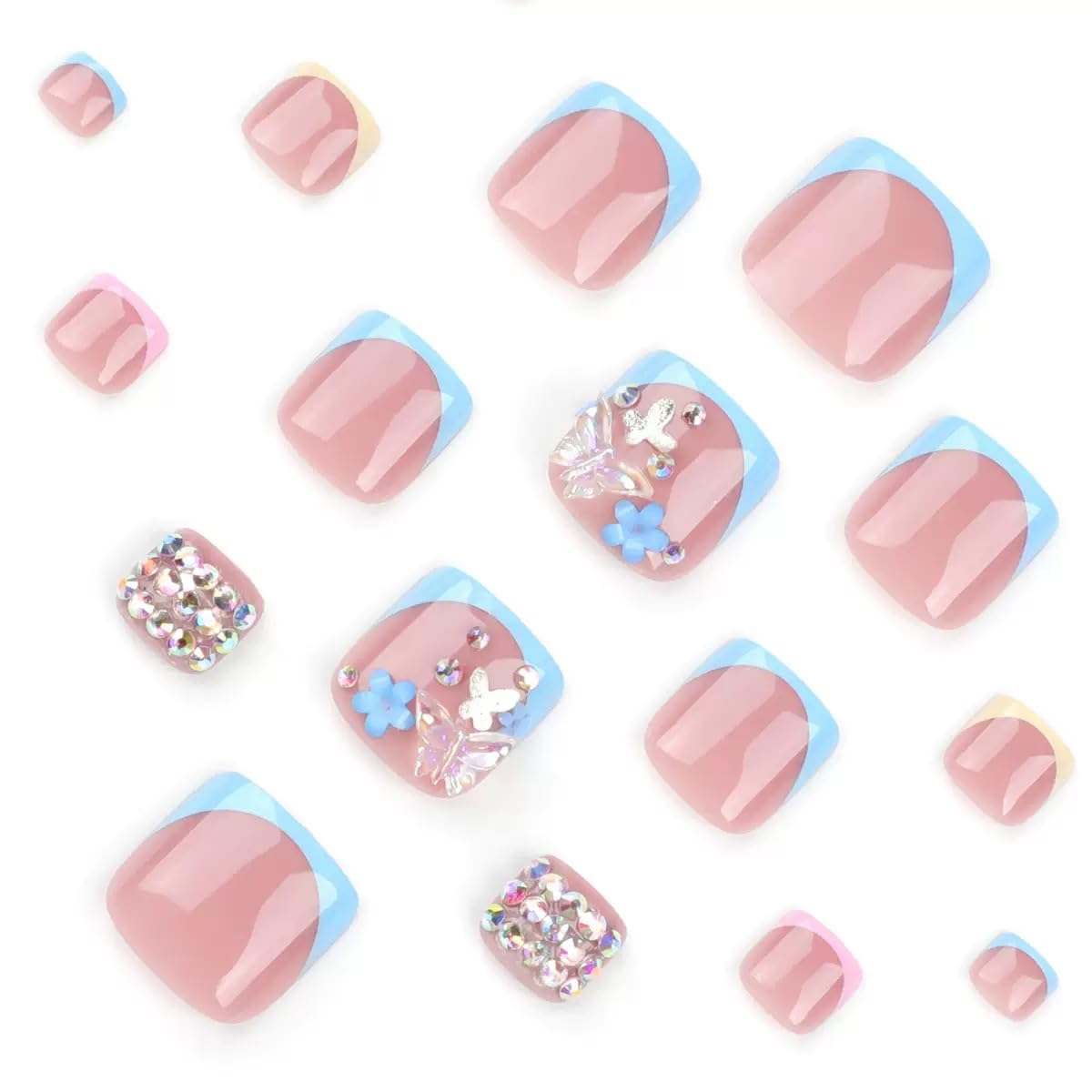 CTTHNBD Press on Toenails Short - Summer Fake Toenails with Butterfly Flower Charms Design - French Tip Press on Toenails for Women 24 Pcs