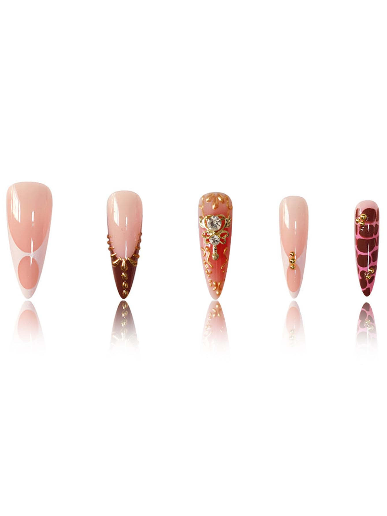 SEENEEY Almond Press on Nails Long Fake Nails French Red Artificial Nail with Rhinestones Designs Gold Charm Stick on Nail for Women 24pcs