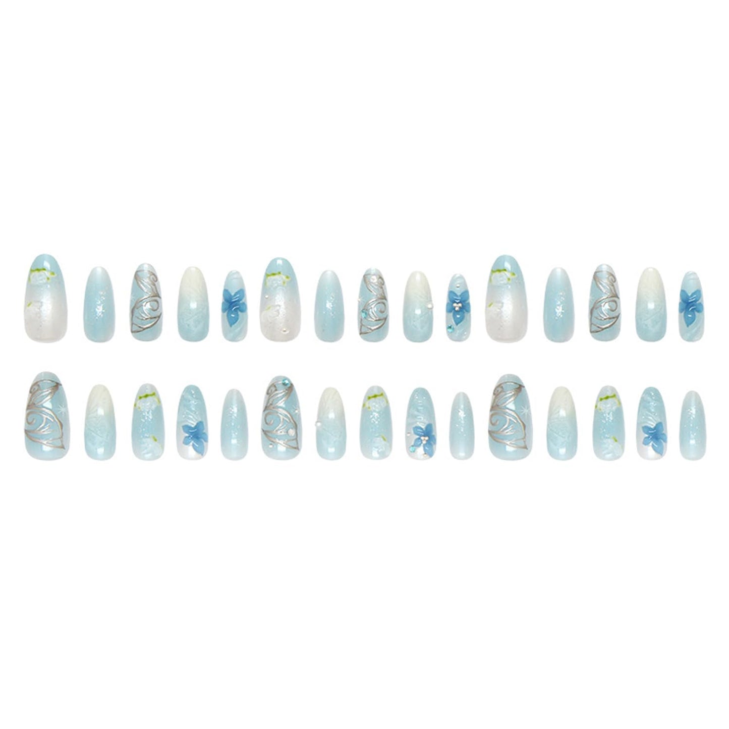30Pcs Blue Smudge Press on Nails Medium Almond Fake Nails with 3D Rhinestone Pearls Design Butterfly Floral False Nails Lotus Flower Glue on Nail Glossy Full Cover Water Ripples Acrylic Nail for Women