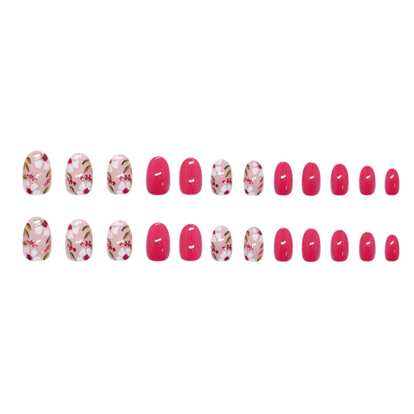 Floral Medium Oval Press on Nails Hot Pink Base White Floral Accents Green Leaf Details Glossy Finish Reusable Spring Nails Easy Apply Fashion Party Wear Durable Trendy Women Girls Nail Art 24 Pcs