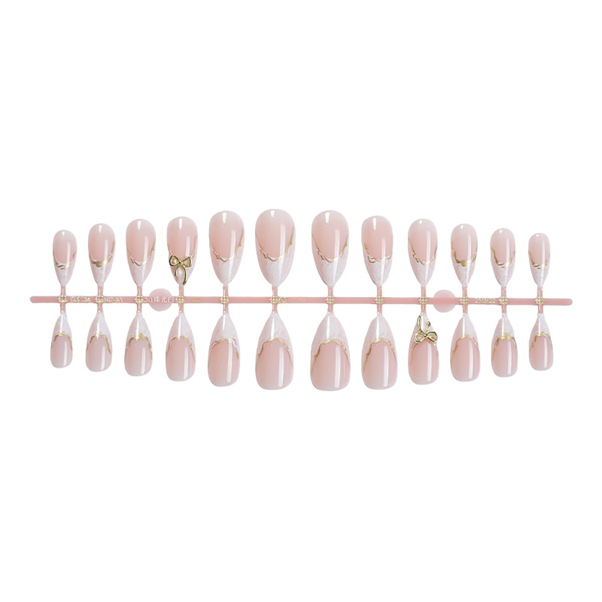 24Pcs White French Tip Press on Nails Medium Almond Fake Nail 3D Gold French Line Pink Nails Glossy Designs Full Cover Stick on Nail Acrylic Glue on Nail Chrome False Nails for Women Manicure Salon