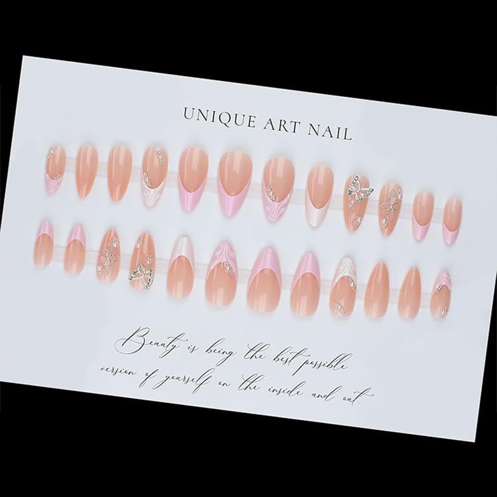 French Tip Press on Nails Medium Almond Fake Nails with Glossy Bow Designs Silver Flower False Nails Sppring Holiday Nails Press ons Reusable Full Cover Glue on Nails Artificial Nails for Women