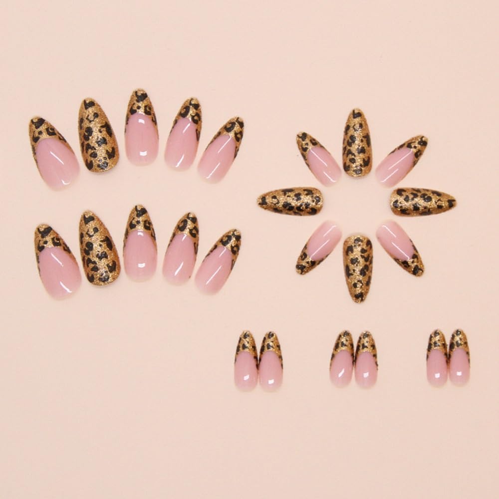 Almond Press on Nails Gold French Tip with Leopard Print Design - Glue on Glitter Glossy Full Cover Stick on Winter Acrylic Press ons for Women Manicure 24Pcs